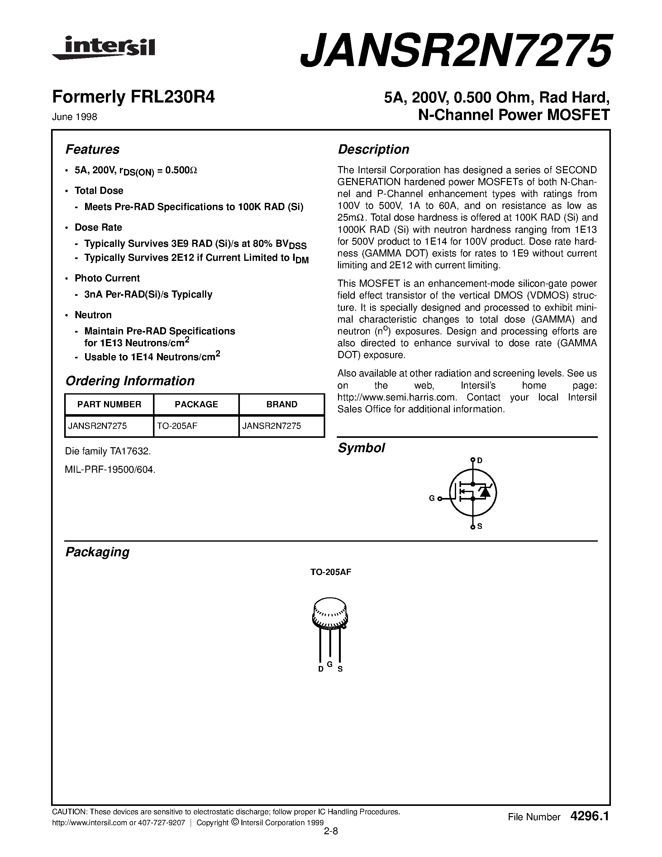 Datasheet JANSR2N7275 - 5A/ 200V/ 0.500 Ohm/ Rad Hard/ N-Channel Power MOSFET page 1