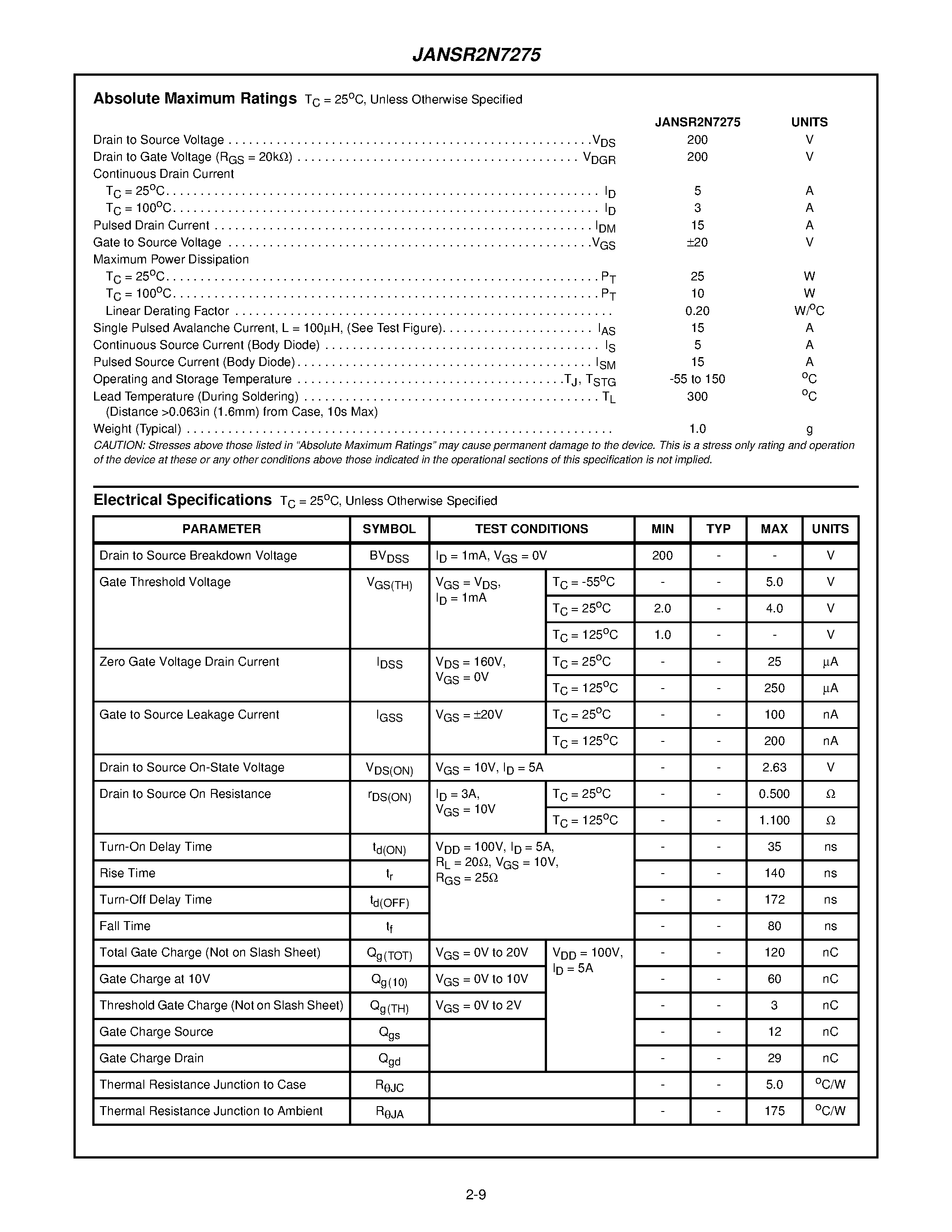 Datasheet JANSR2N7275 - 5A/ 200V/ 0.500 Ohm/ Rad Hard/ N-Channel Power MOSFET page 2