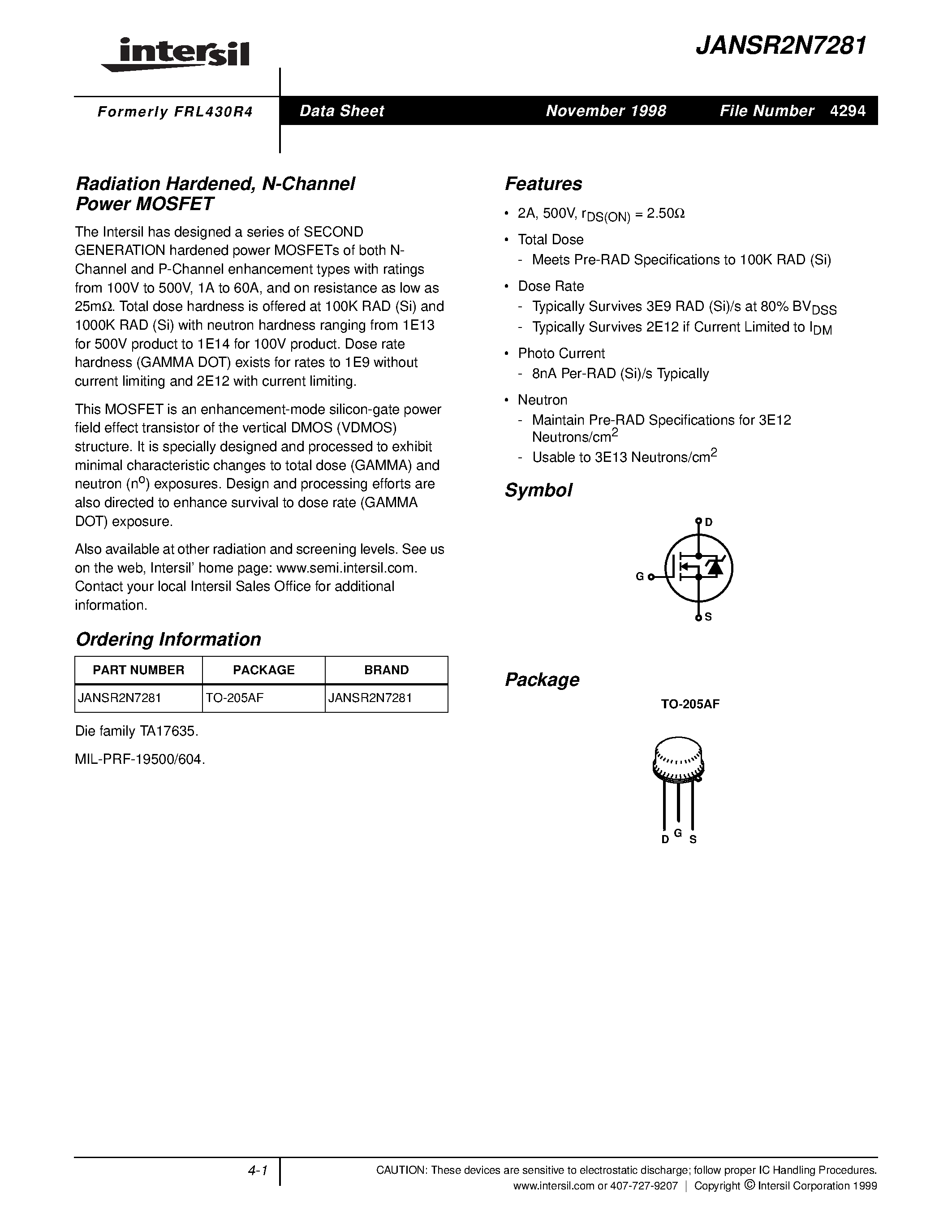 Datasheet JANSR2N7281 - Radiation Hardened/ N-Channel Power MOSFET page 1