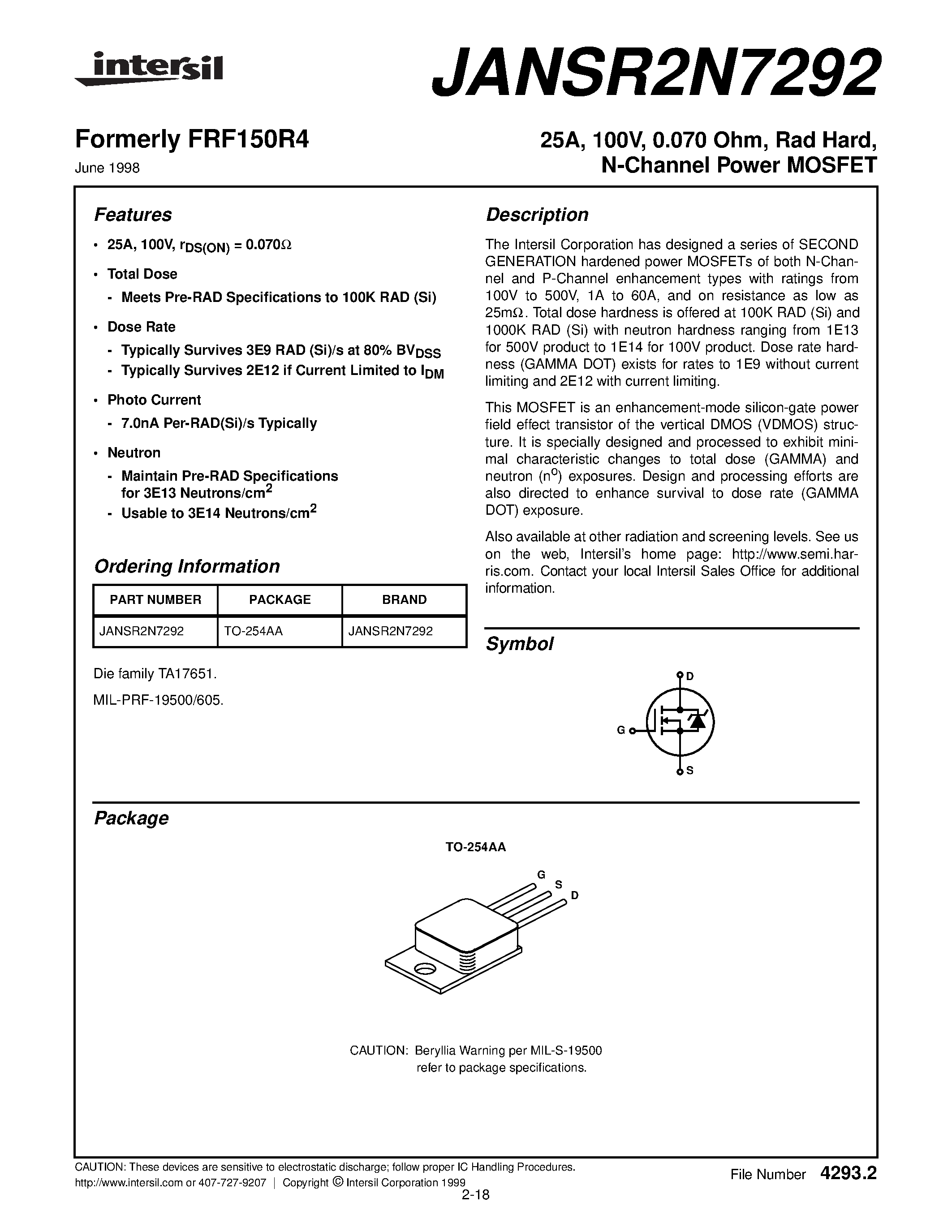 Datasheet JANSR2N7292 - 25A/ 100V/ 0.070 Ohm/ Rad Hard/ N-Channel Power MOSFET page 1