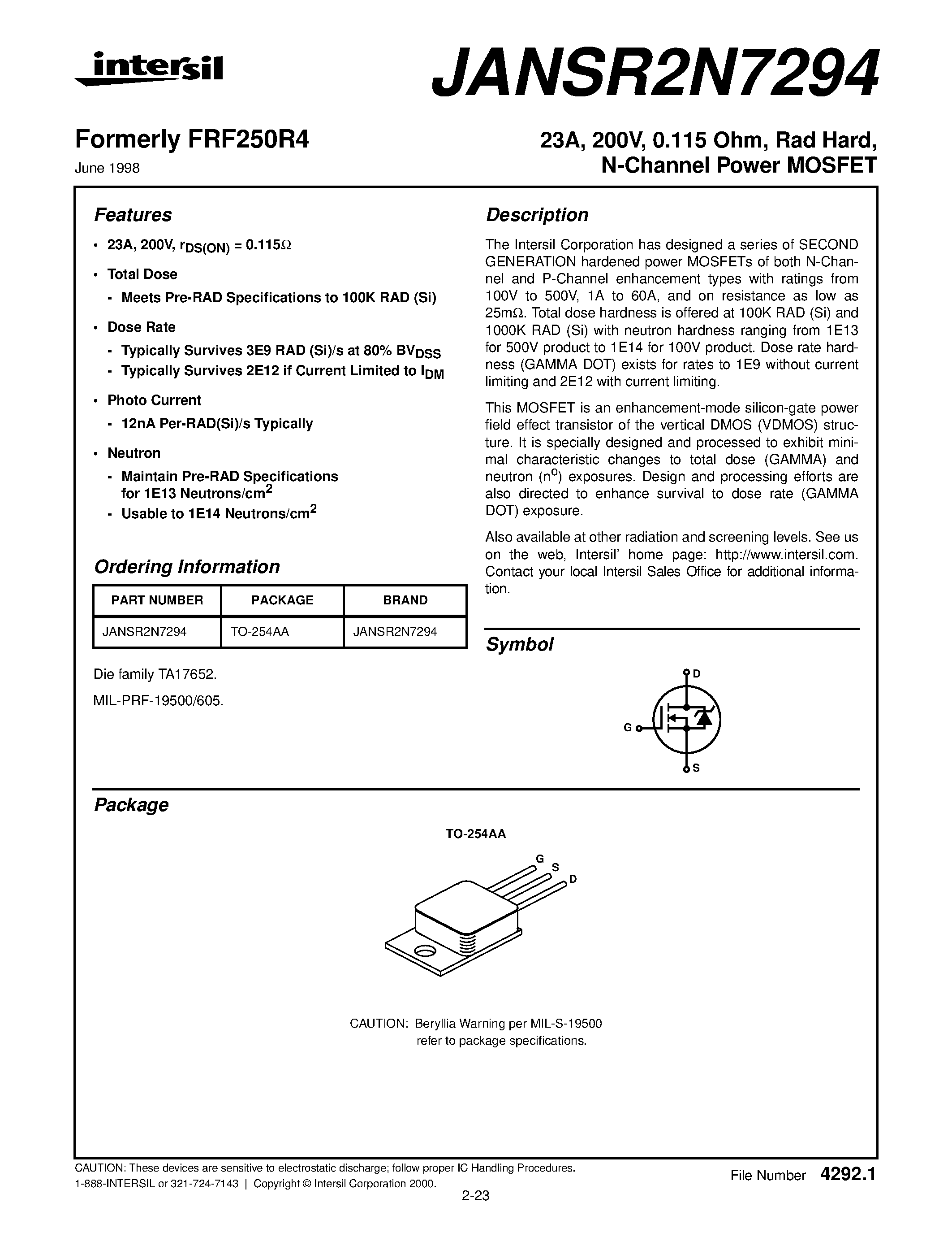 Datasheet JANSR2N7294 - 23A/ 200V/ 0.115 Ohm/ Rad Hard/ N-Channel Power MOSFET page 1