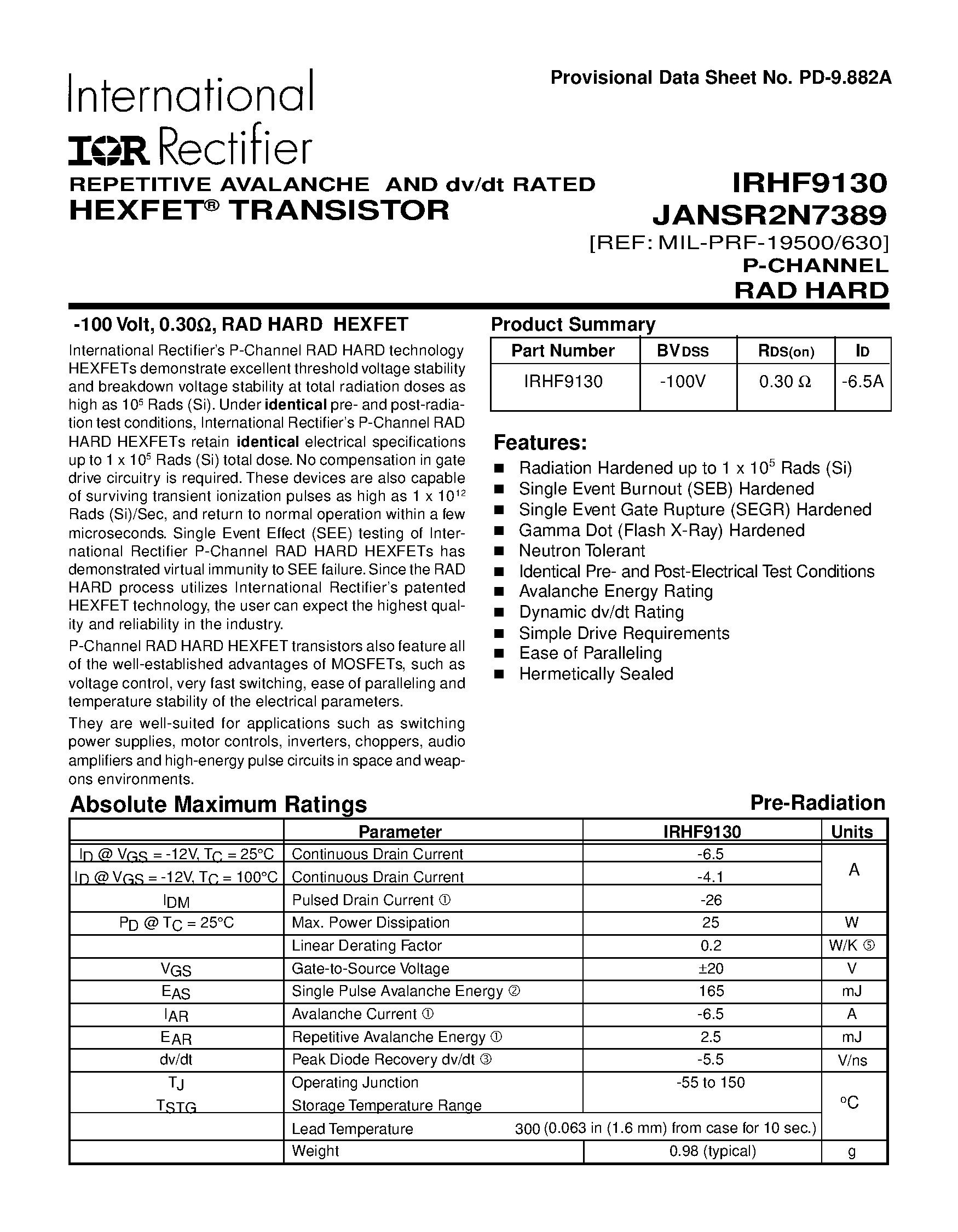 Datasheet JANSR2N7389 - TRANSISTOR P-CHANNEL(BVdss=-100V/ Rds(on)=0.30ohm/ Id=-6.5A) page 1