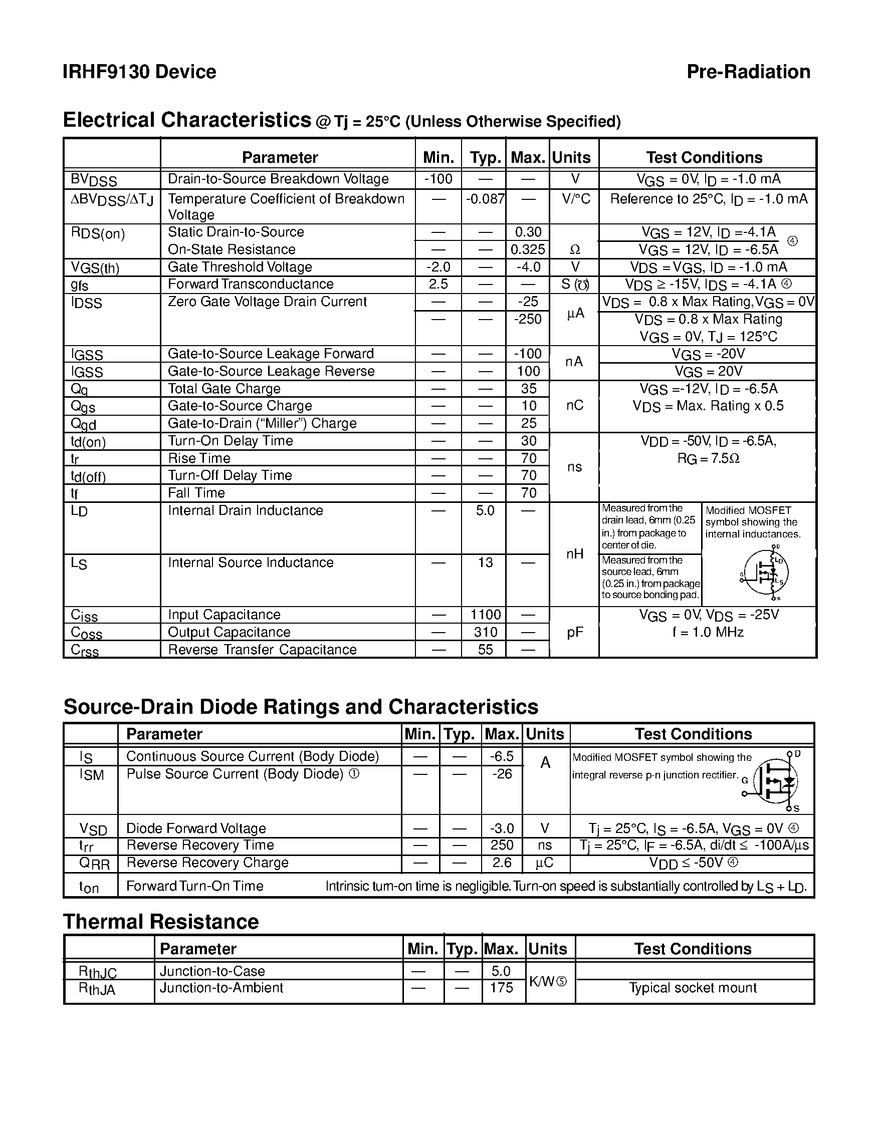 Datasheet JANSR2N7389 - TRANSISTOR P-CHANNEL(BVdss=-100V/ Rds(on)=0.30ohm/ Id=-6.5A) page 2