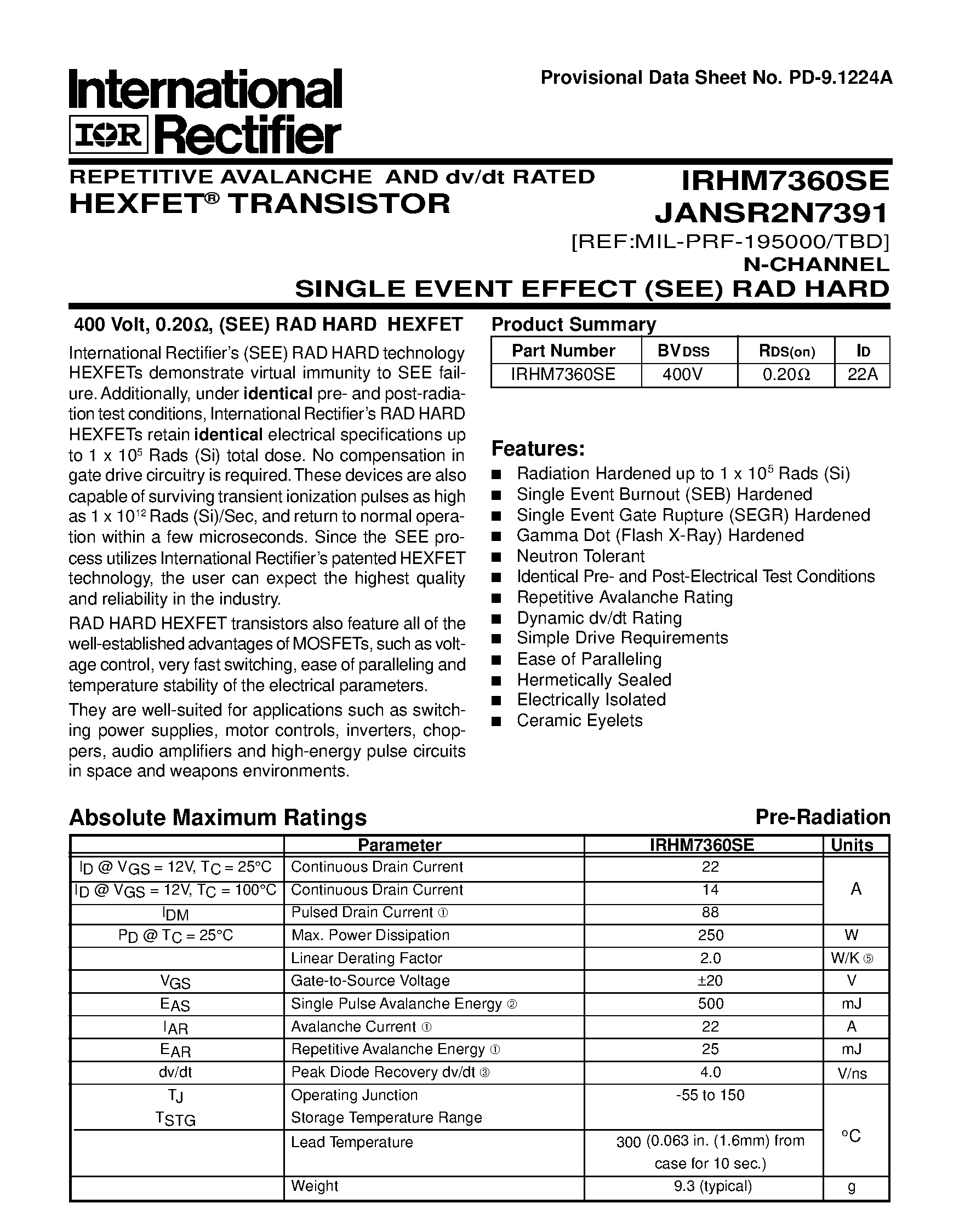 Datasheet JANSR2N7391 - TRANSISTOR N-CHANNEL(BVdss=400V/ Rds(on)=0.20ohm/ Id=22A) page 1
