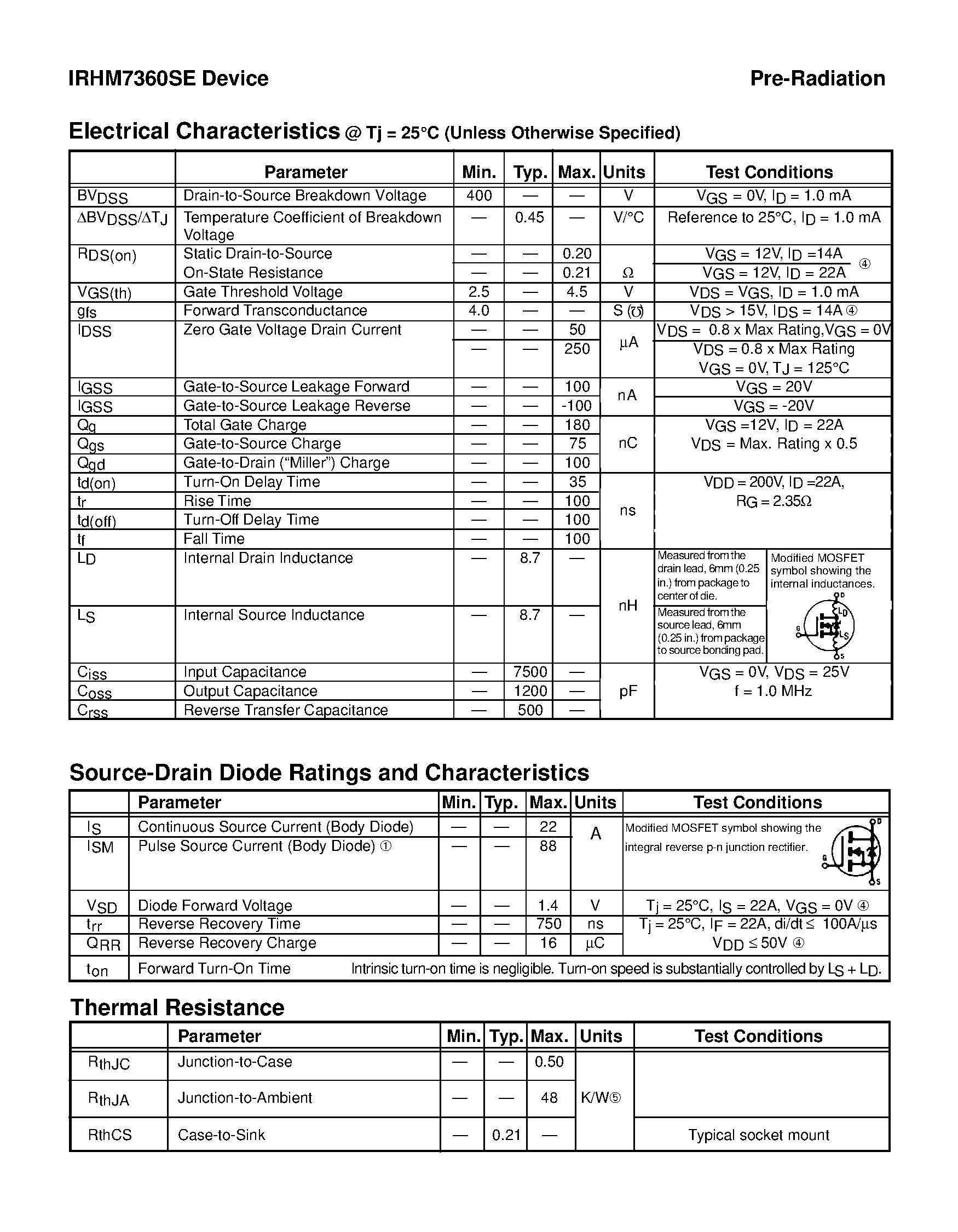 Datasheet JANSR2N7391 - TRANSISTOR N-CHANNEL(BVdss=400V/ Rds(on)=0.20ohm/ Id=22A) page 2