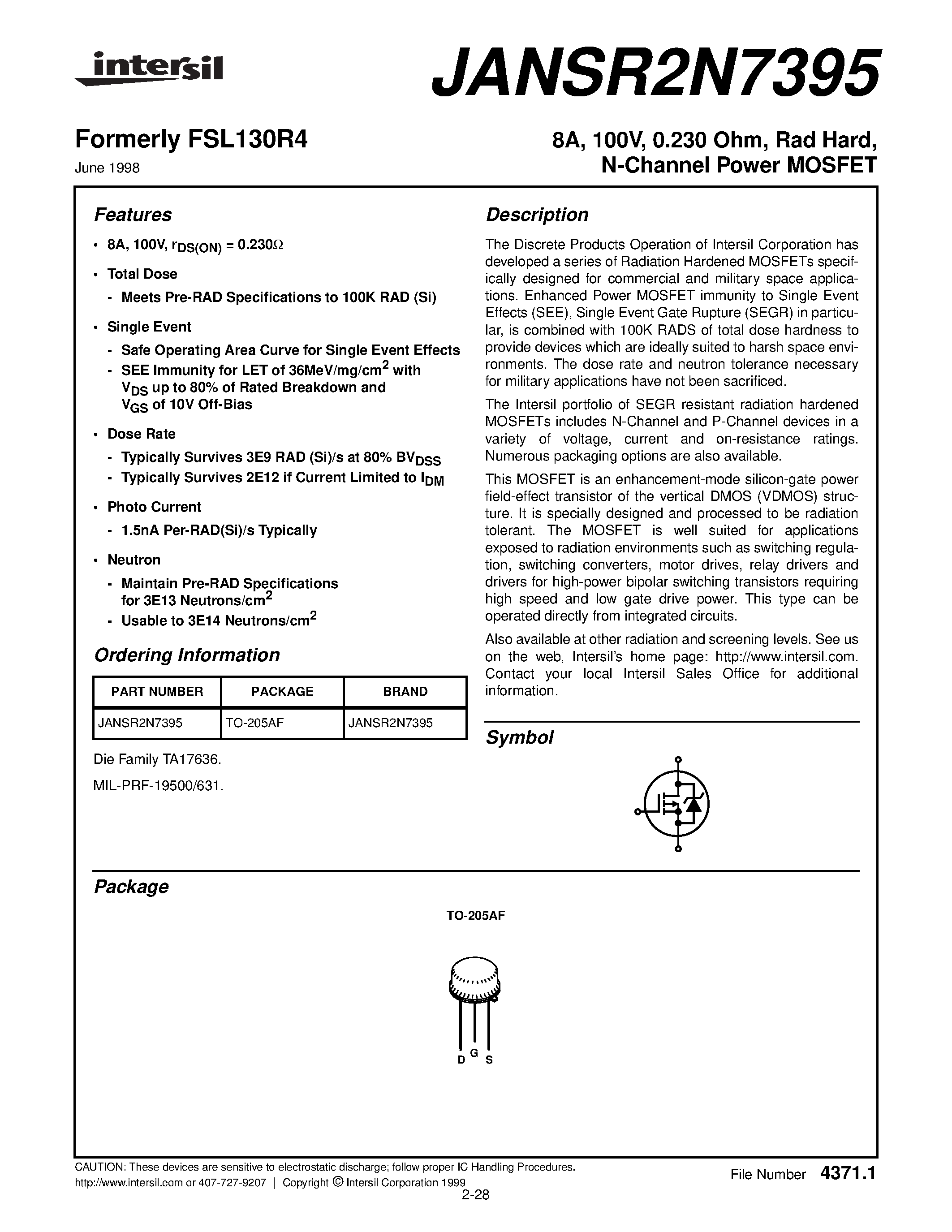 Datasheet JANSR2N7395 - 8A/ 100V/ 0.230 Ohm/ Rad Hard/ N-Channel Power MOSFET page 1