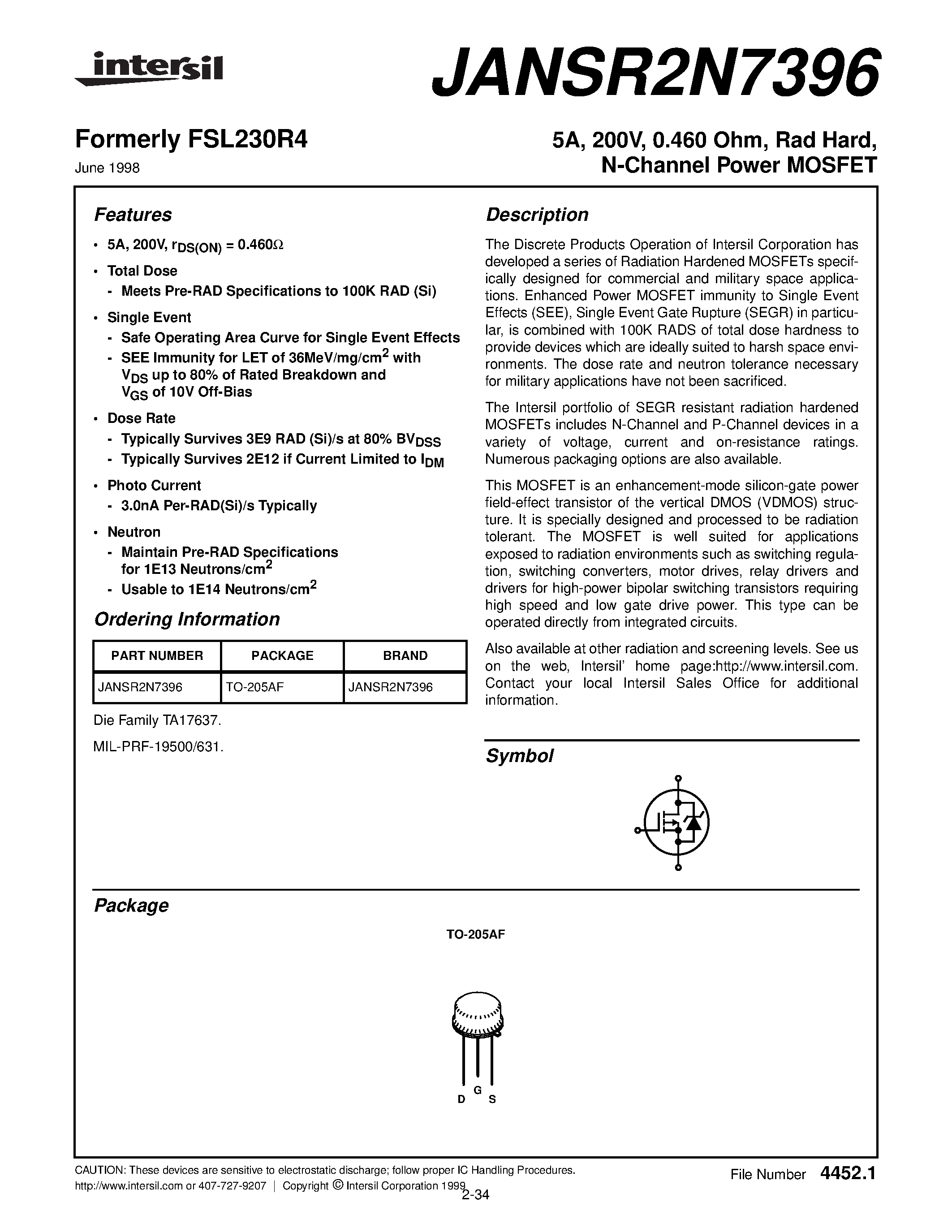 Datasheet JANSR2N7396 - 5A/ 200V/ 0.460 Ohm/ Rad Hard/ N-Channel Power MOSFET page 1