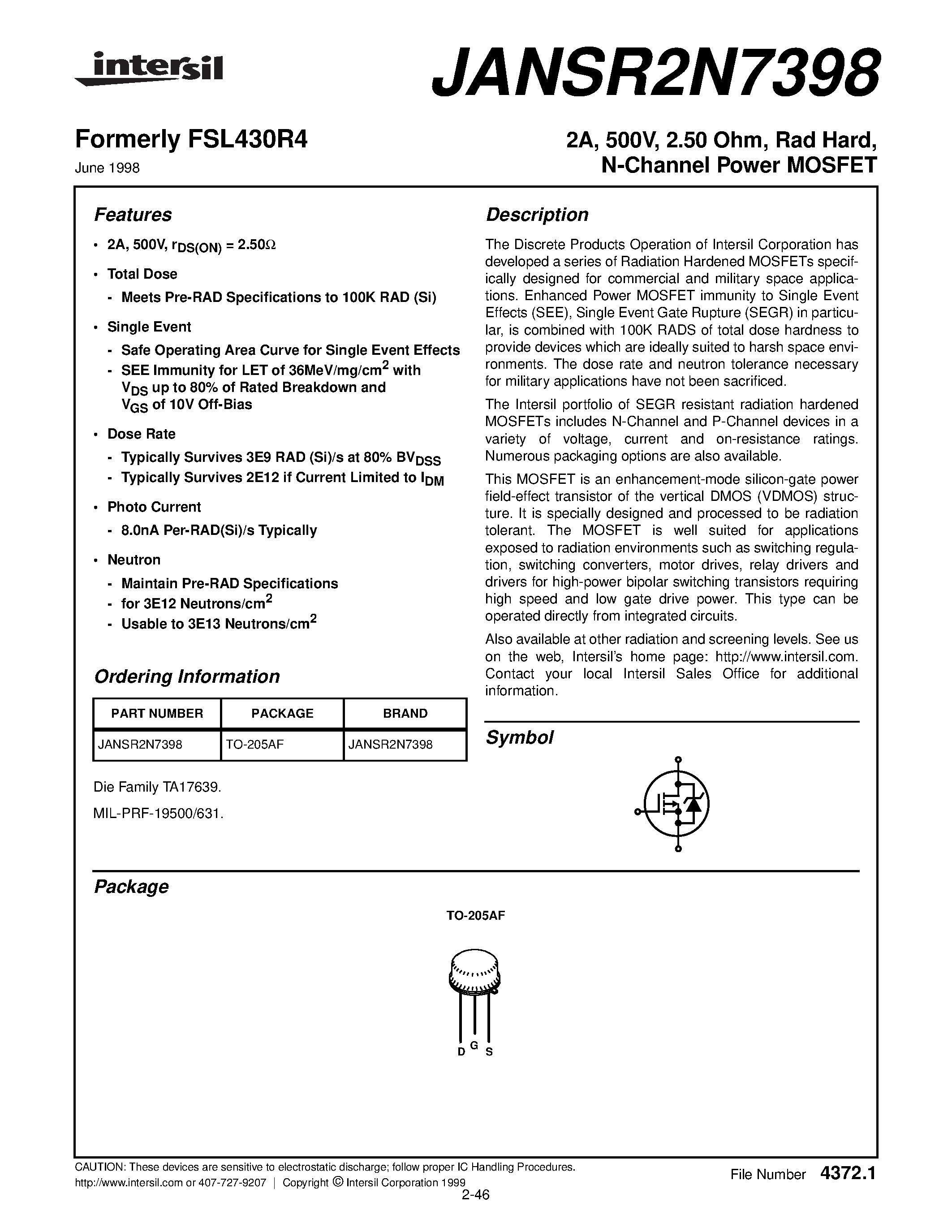 Datasheet JANSR2N7398 page 1 Datasheet JANSR2N7398 - 2A/ 500V/ 2.50 Ohm/ Rad Hard/ N-Channel Power MOSFET page 1