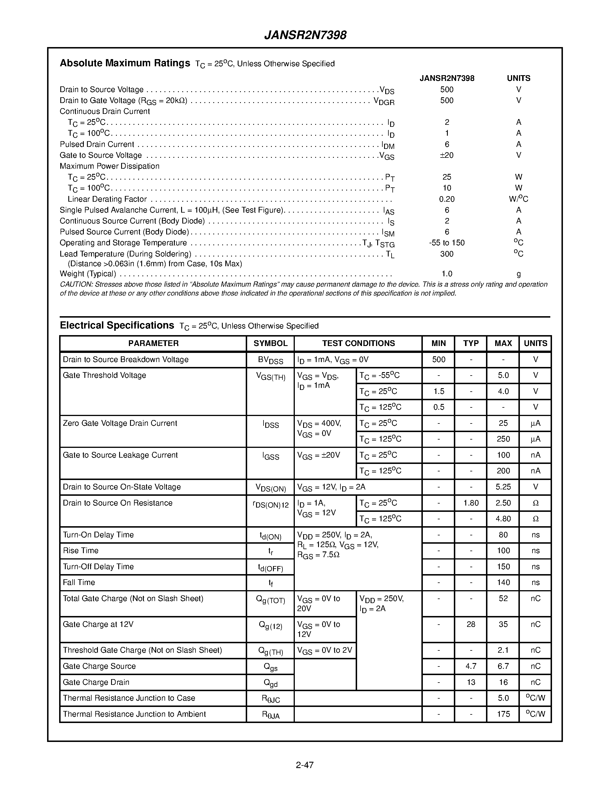 Datasheet JANSR2N7398 page 2 Datasheet JANSR2N7398 - 2A/ 500V/ 2.50 Ohm/ Rad Hard/ N-Channel Power MOSFET page 2