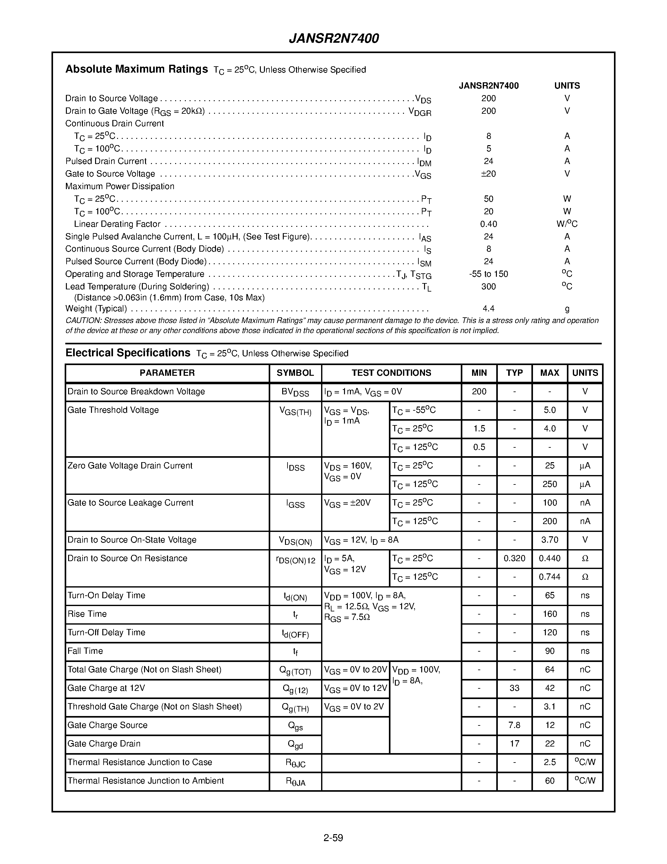 Datasheet JANSR2N7400 page 2 Datasheet JANSR2N7400 - 8A/ 200V/ 0.440 Ohm/ Rad Hard/ N-Channel Power MOSFET page 2