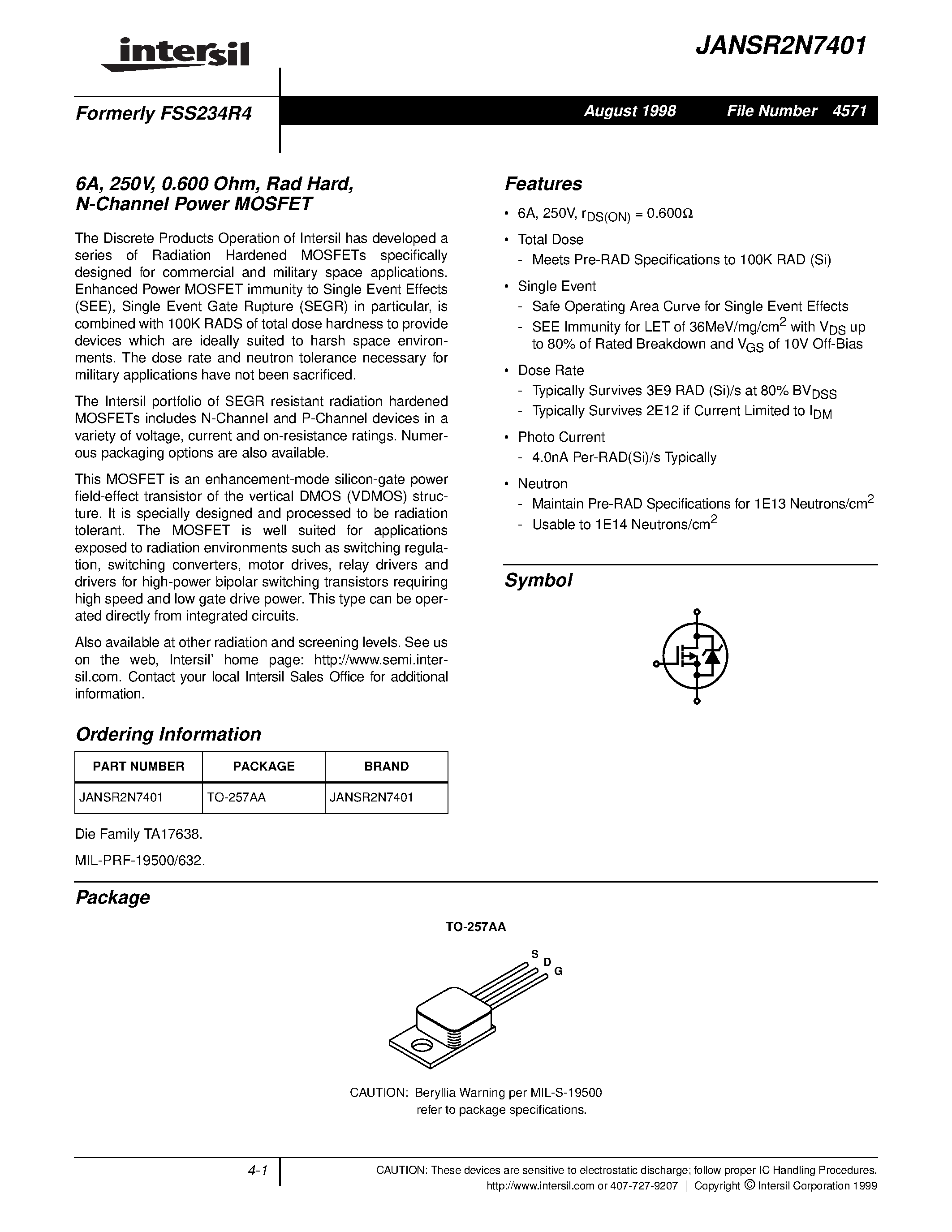 Datasheet JANSR2N7401 page 1 Datasheet JANSR2N7401 - 6A/ 250V/ 0.600 Ohm/ Rad Hard/ N-Channel Power MOSFET page 1