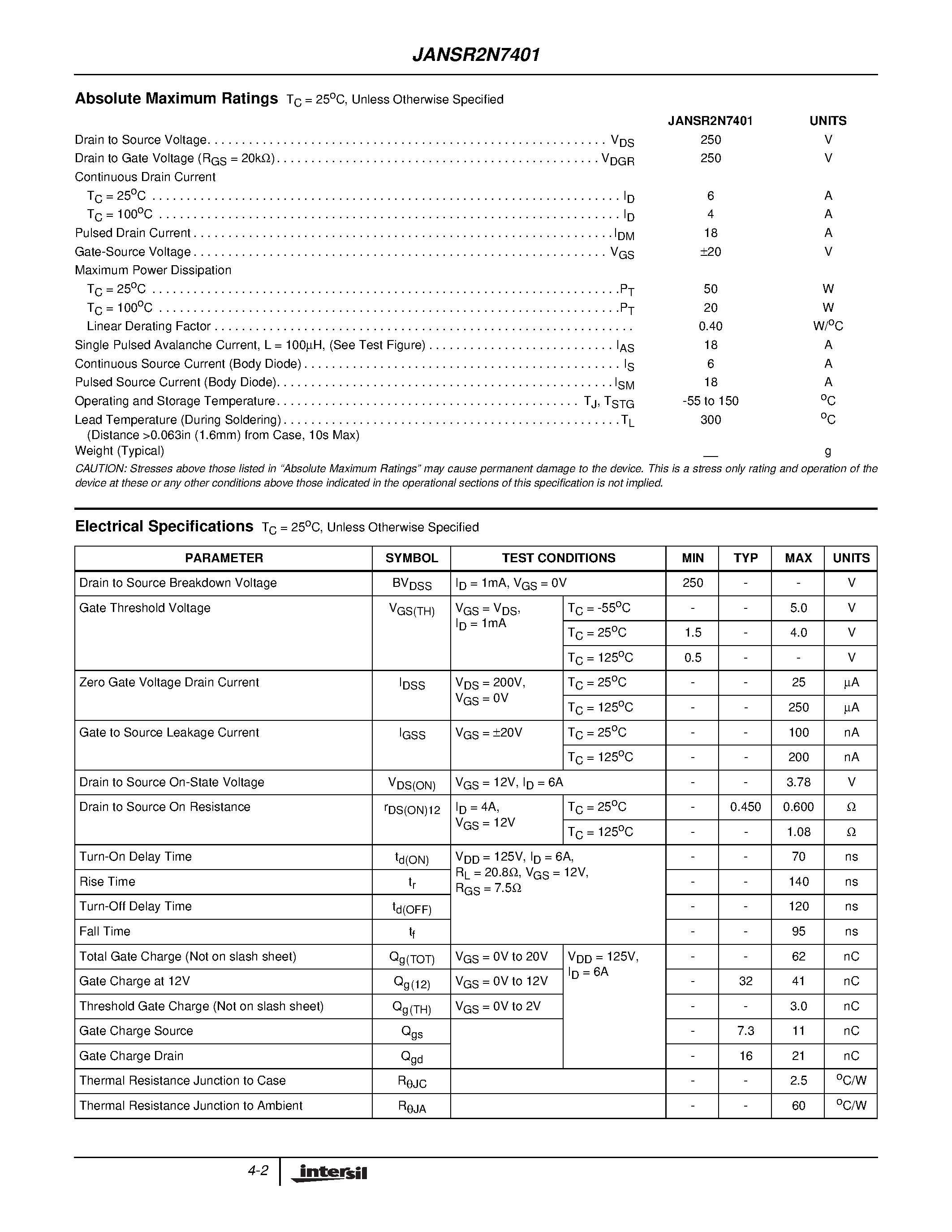 Datasheet JANSR2N7401 page 2 Datasheet JANSR2N7401 - 6A/ 250V/ 0.600 Ohm/ Rad Hard/ N-Channel Power MOSFET page 2