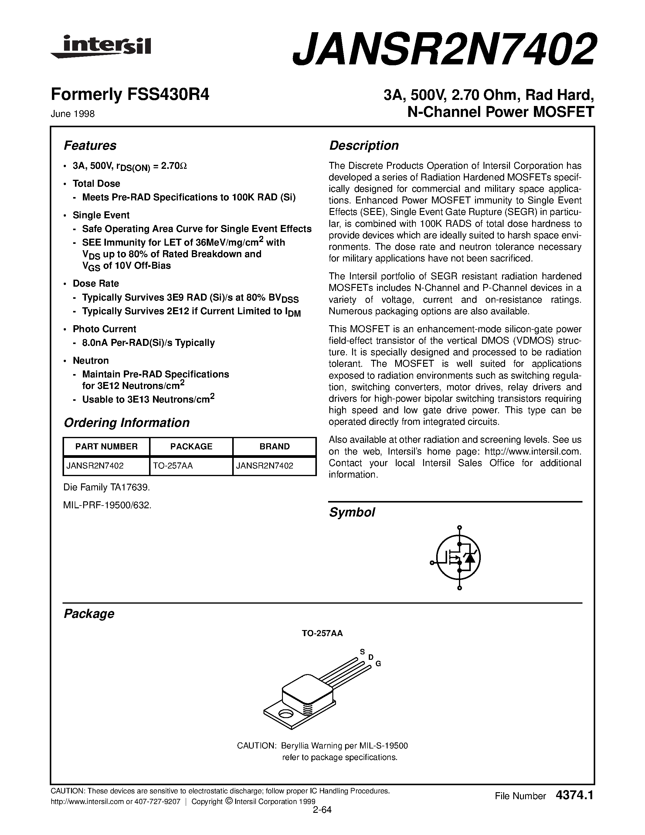 Datasheet JANSR2N7402 - 3A/ 500V/ 2.70 Ohm/ Rad Hard/ N-Channel Power MOSFET page 1