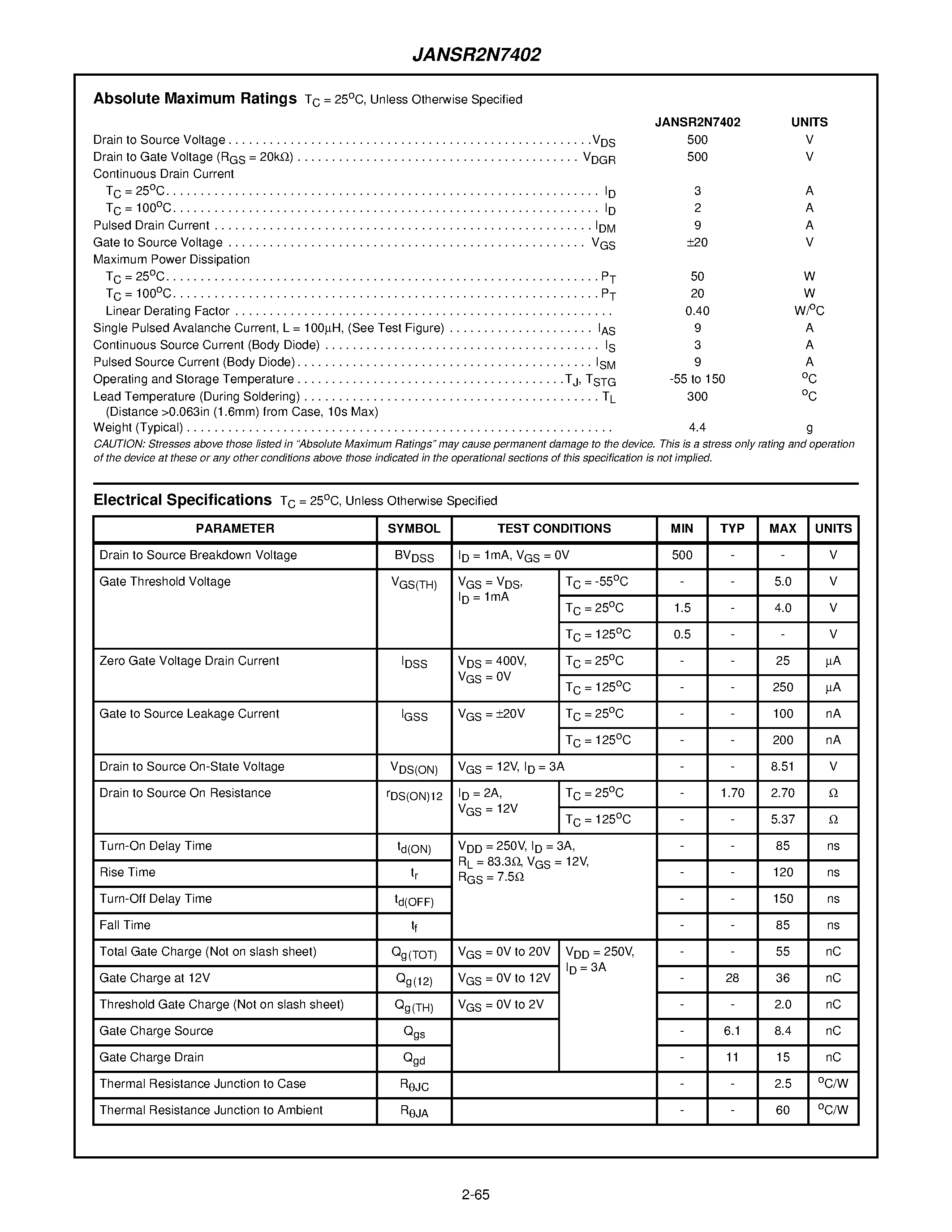 Datasheet JANSR2N7402 - 3A/ 500V/ 2.70 Ohm/ Rad Hard/ N-Channel Power MOSFET page 2
