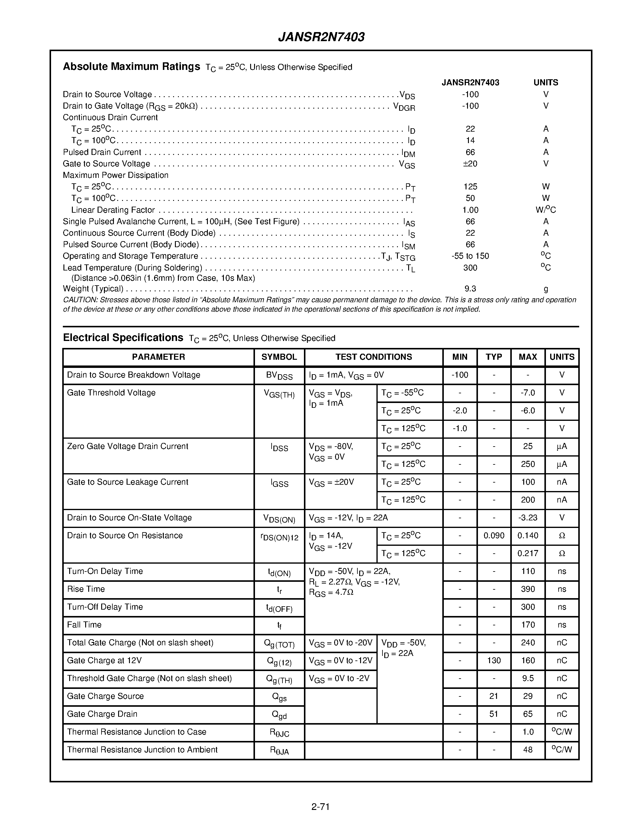Datasheet JANSR2N7403 page 2 Datasheet JANSR2N7403 - 22A/ -100V/ 0.140 Ohm/ Rad Hard/ P-Channel Power MOSFET page 2