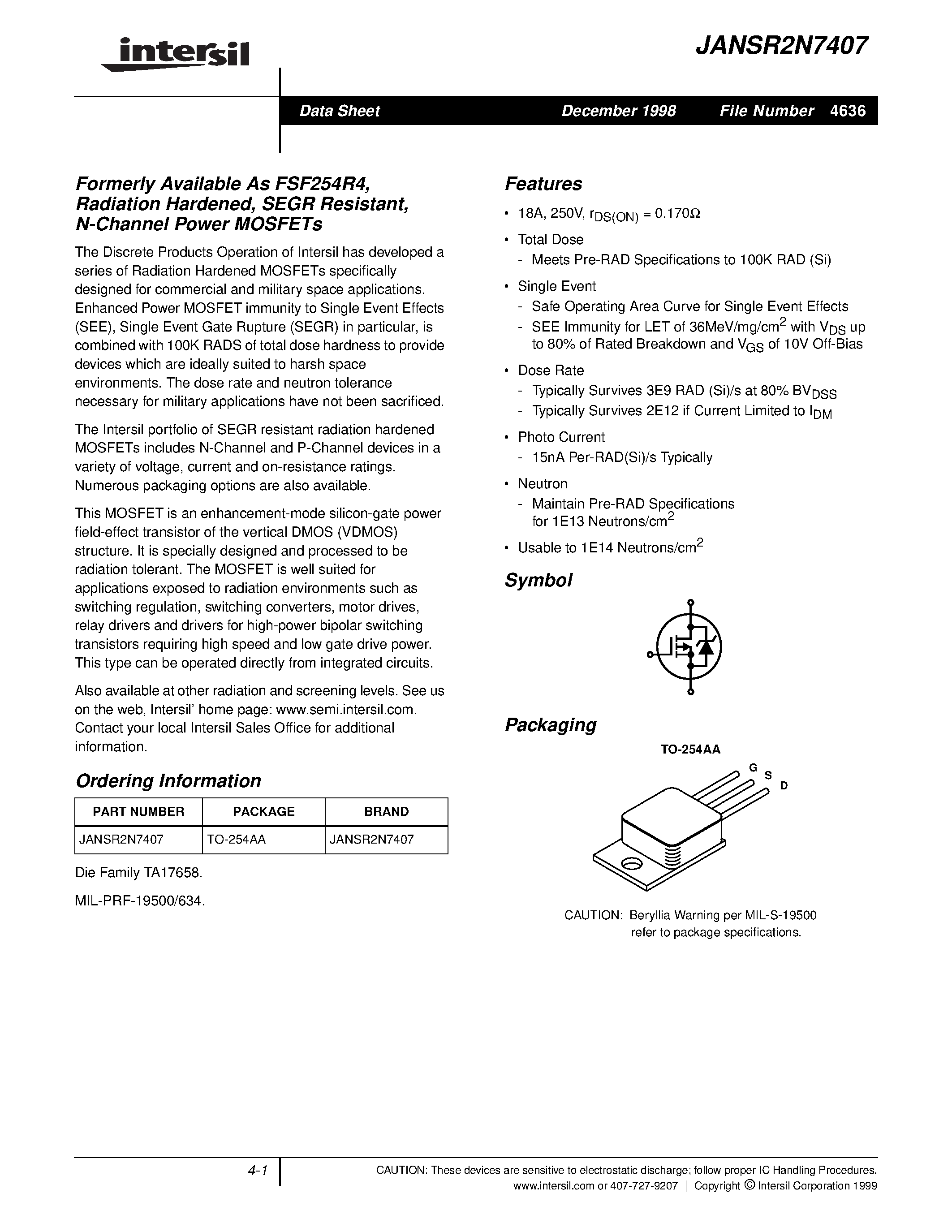 Даташит JANSR2N7407 - Formerly Available As FSF254R4/ Radiation Hardened/ SEGR Resistant/ N-Channel Power MOSFETs страница 1