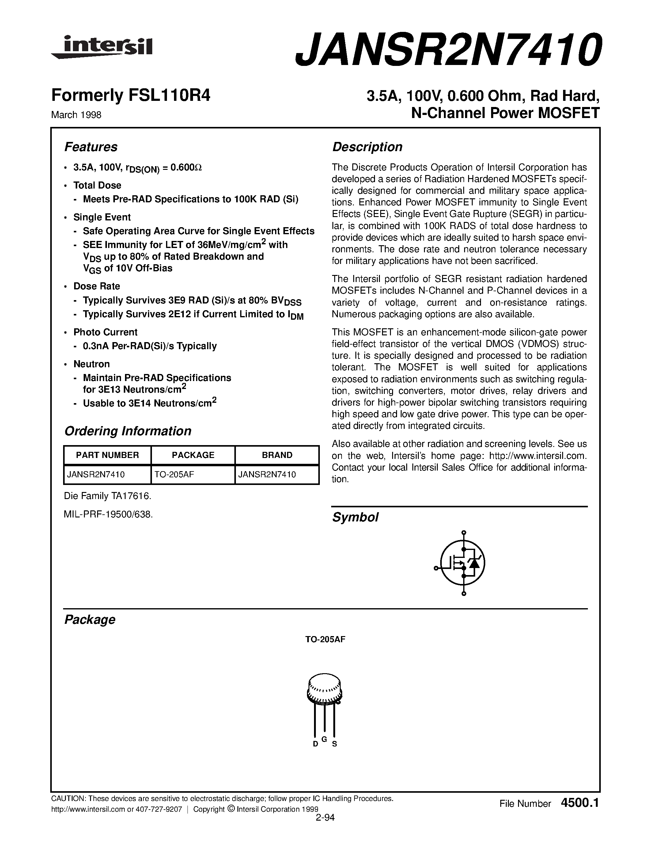 Datasheet JANSR2N7410 - 3.5A/ 100V/ 0.600 Ohm/ Rad Hard/ N-Channel Power MOSFET page 1