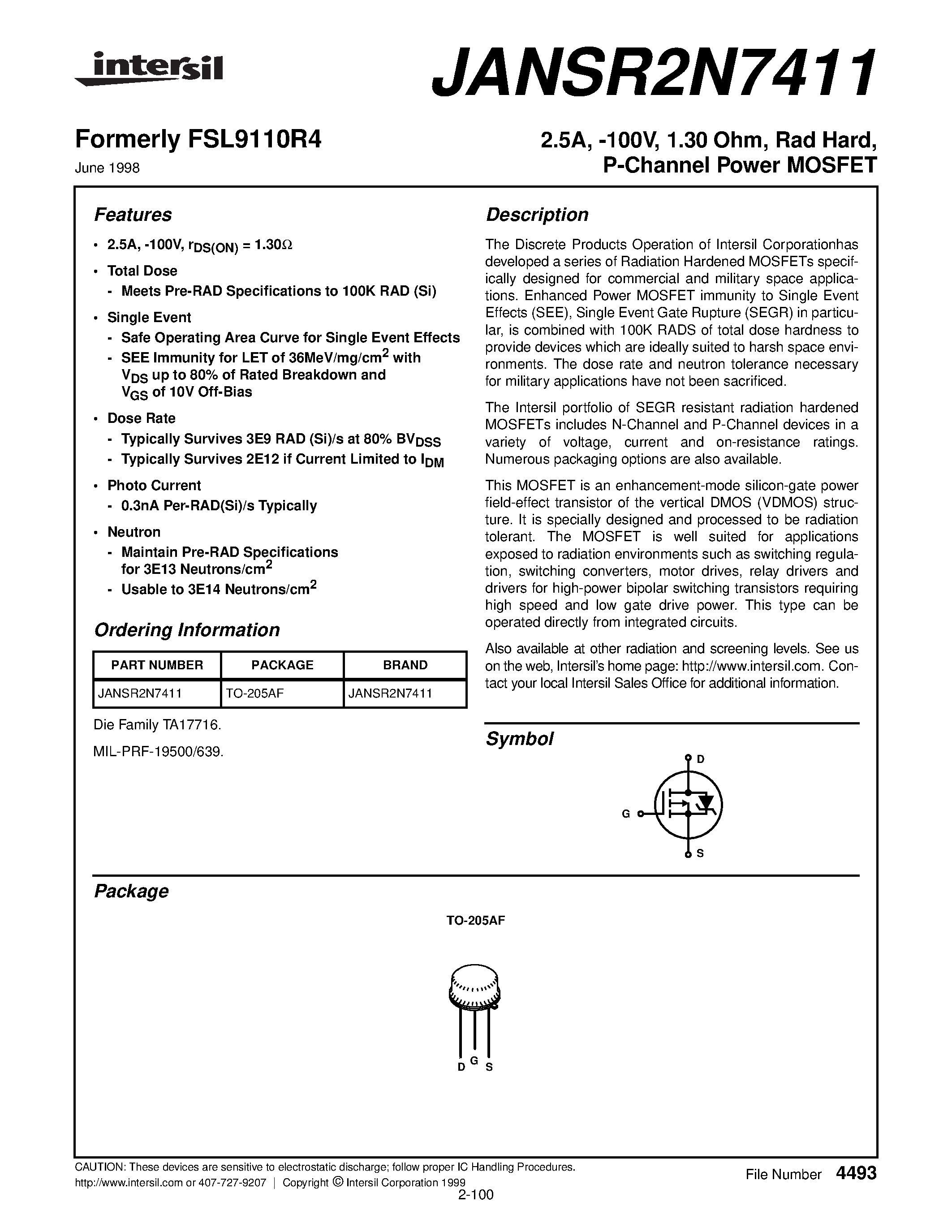 Datasheet JANSR2N7411 - 2.5A/ -100V/ 1.30 Ohm/ Rad Hard/ P-Channel Power MOSFET page 1
