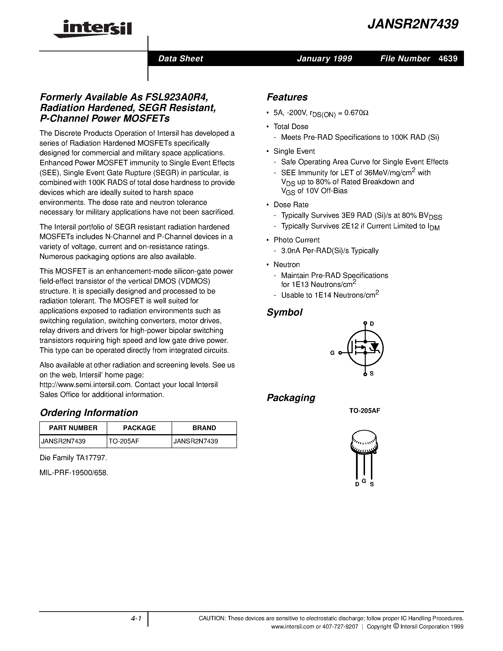 Datasheet JANSR2N7439 - Formerly Available As FSL923A0R4/ Radiation Hardened/ SEGR Resistant/ P-Channel Power MOSFETs page 1