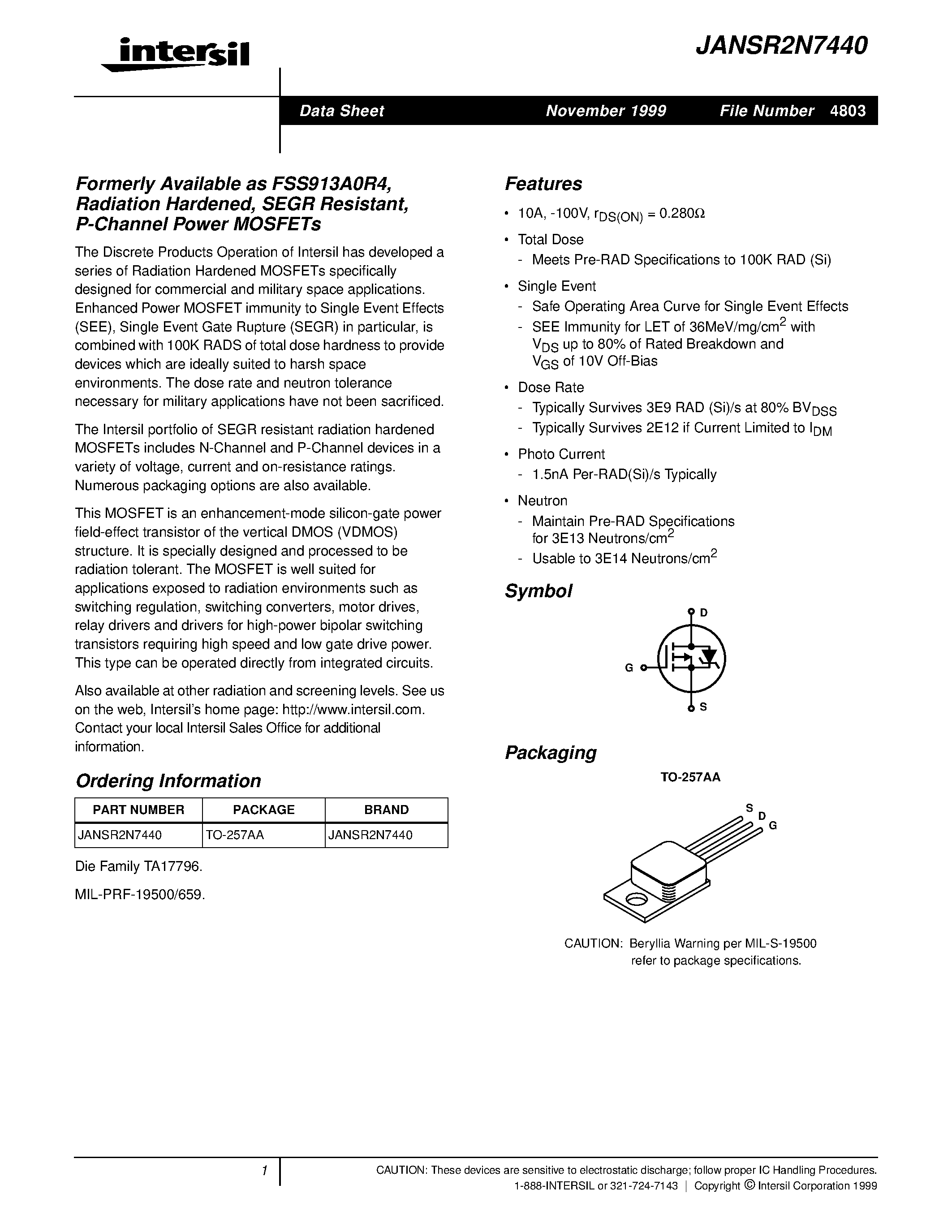 Даташит JANSR2N7440 - Formerly Available as FSS913A0R4/ Radiation Hardened/ SEGR Resistant/ P-Channel Power MOSFETs страница 1