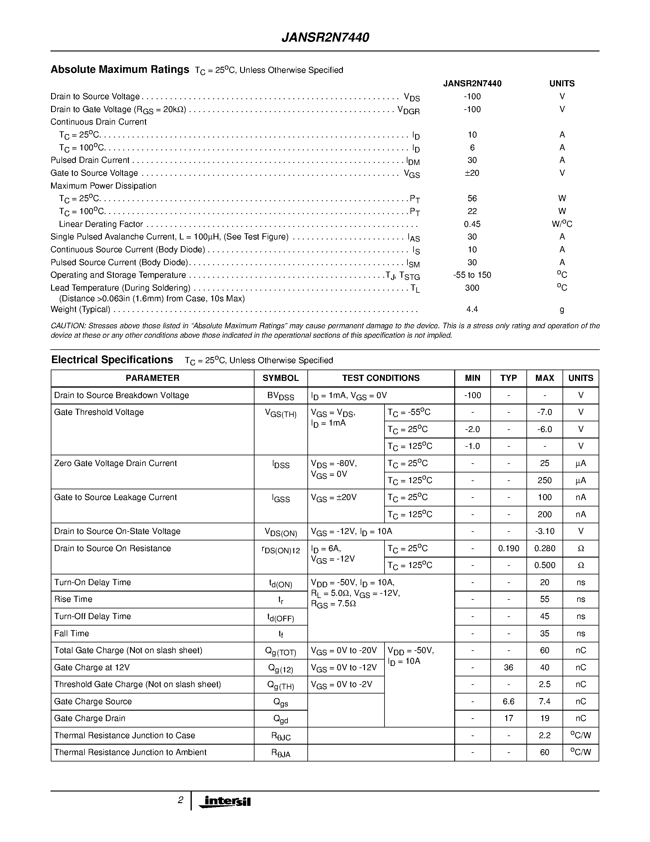 Datasheet JANSR2N7440 - Formerly Available as FSS913A0R4/ Radiation Hardened/ SEGR Resistant/ P-Channel Power MOSFETs page 2
