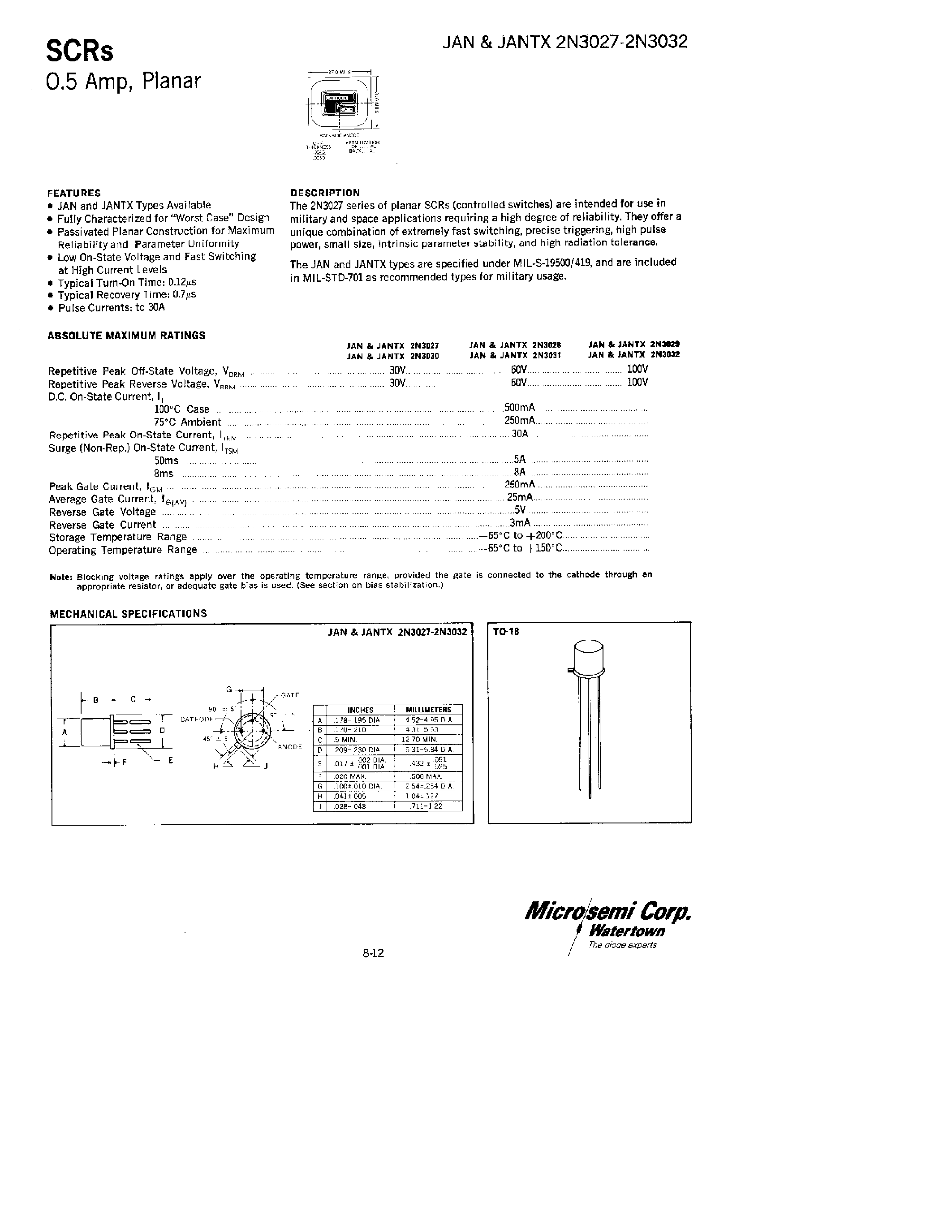 Datasheet JANTX2N3027 page 1 Datasheet JANTX2N3027 - SCRs 0.5 Amp/ Planear page 1