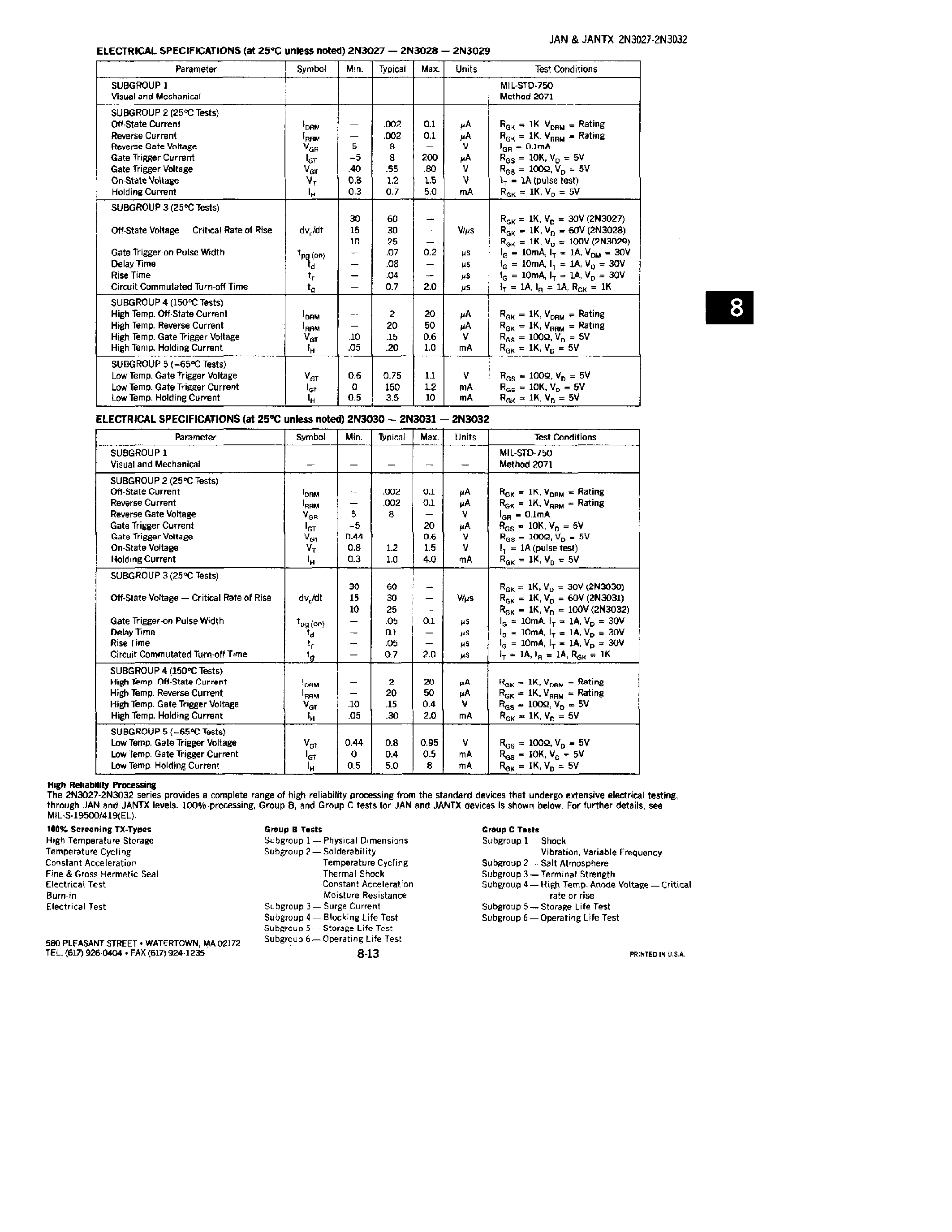 Datasheet JANTX2N3030 page 2 Datasheet JANTX2N3030 - SCRs 0.5 Amp/ Planear page 2