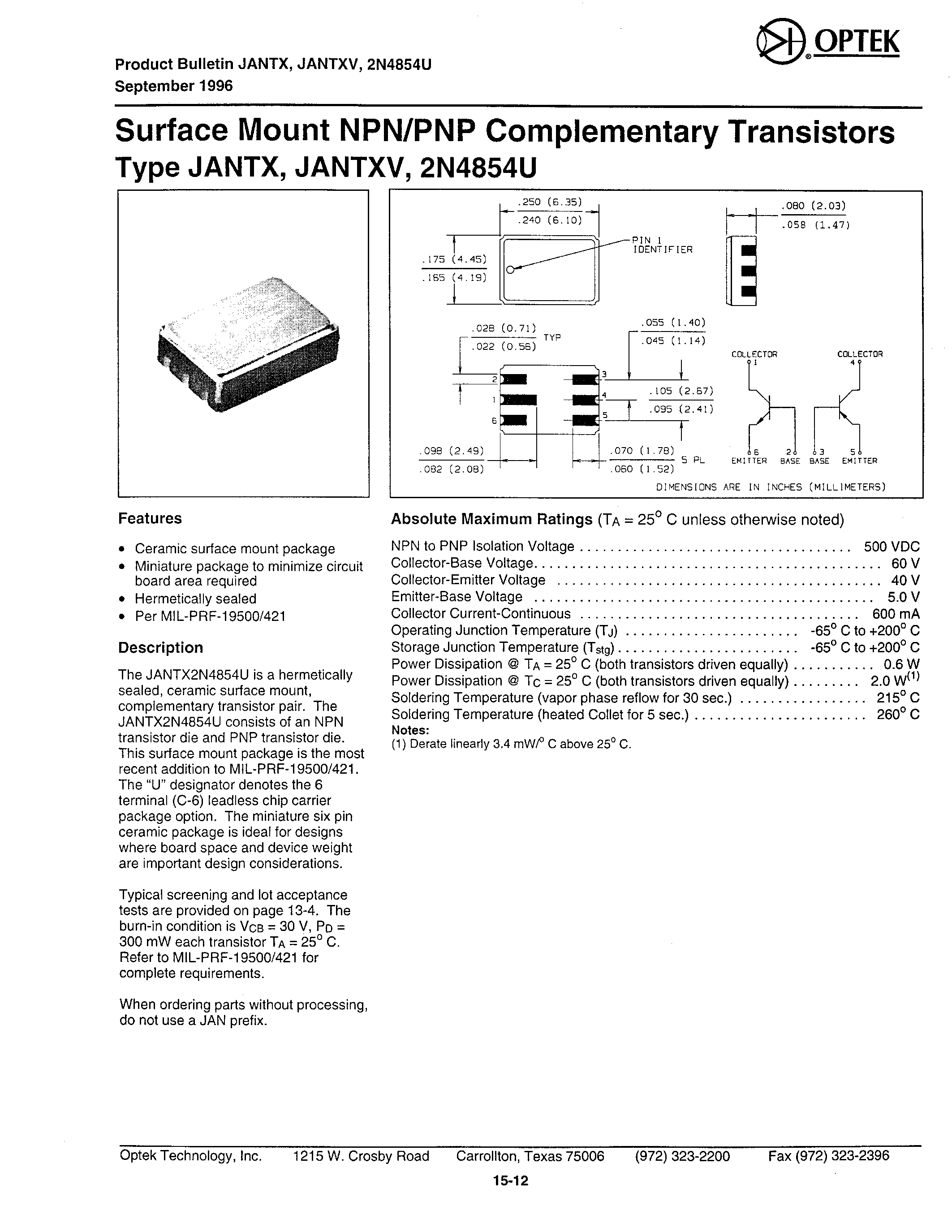 Даташит на микросхему JANTX2N4854U страница 1 Даташит JANTX2N4854U - SURFACE MOUNT NPN/PNP COMPLEMENTARY TRANSISTORS страница 1