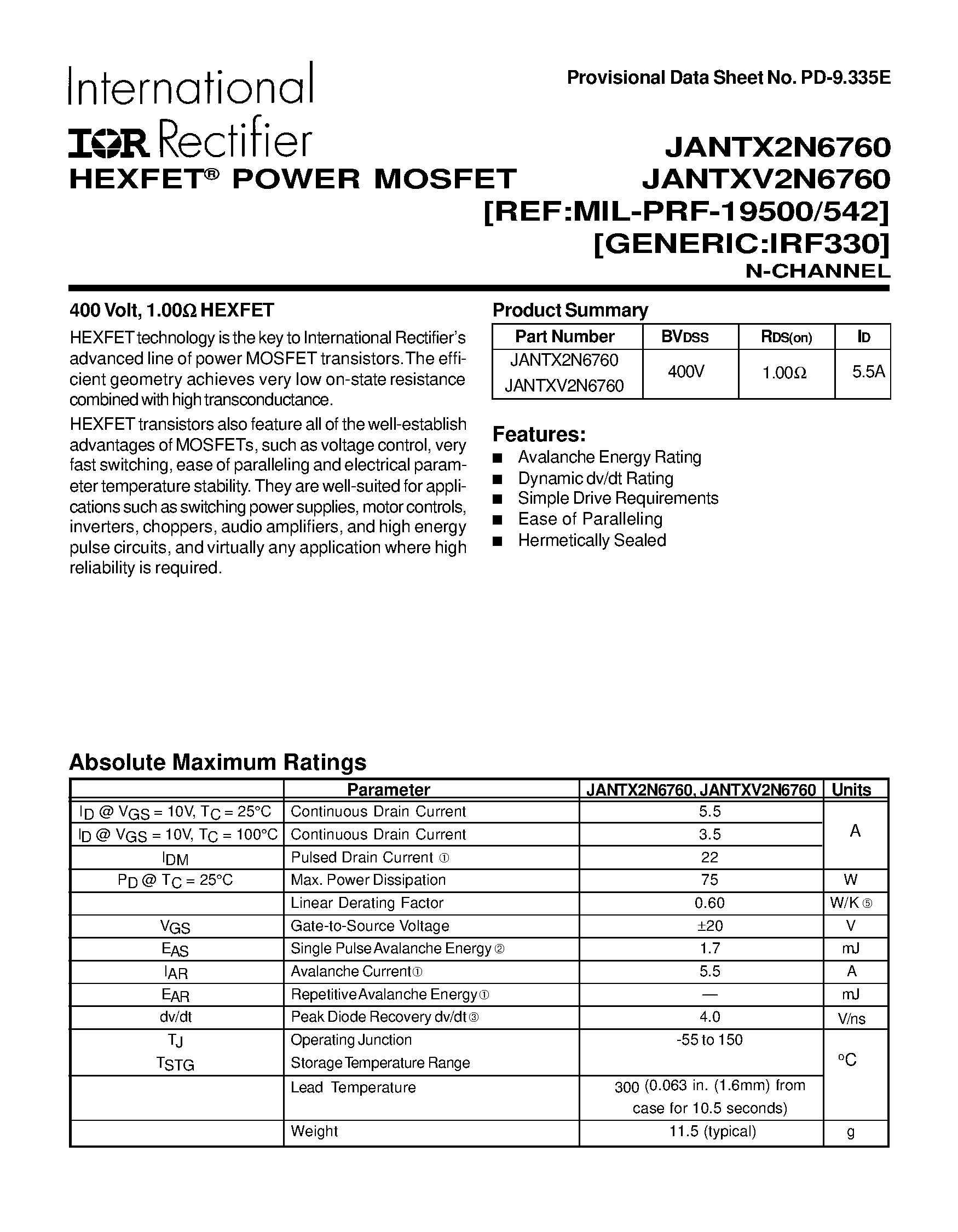 Datasheet JANTX2N6760 - TRANSISTORS N-CHANNEL(Vdss=400V/ Rds(on)=1.00ohm/ Id=5.5A) page 1