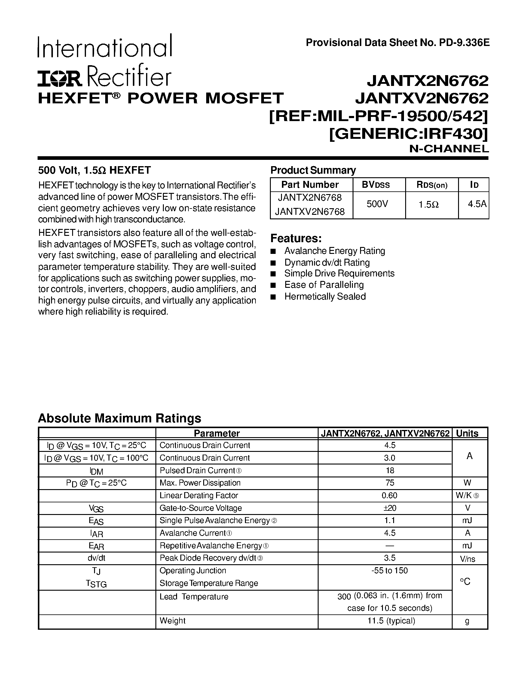 Даташит JANTX2N6762 - TRANSISTORS N-CHANNEL(Vdss=500V/ Rds(on)=1.5ohm/ Id=4.5A) страница 1