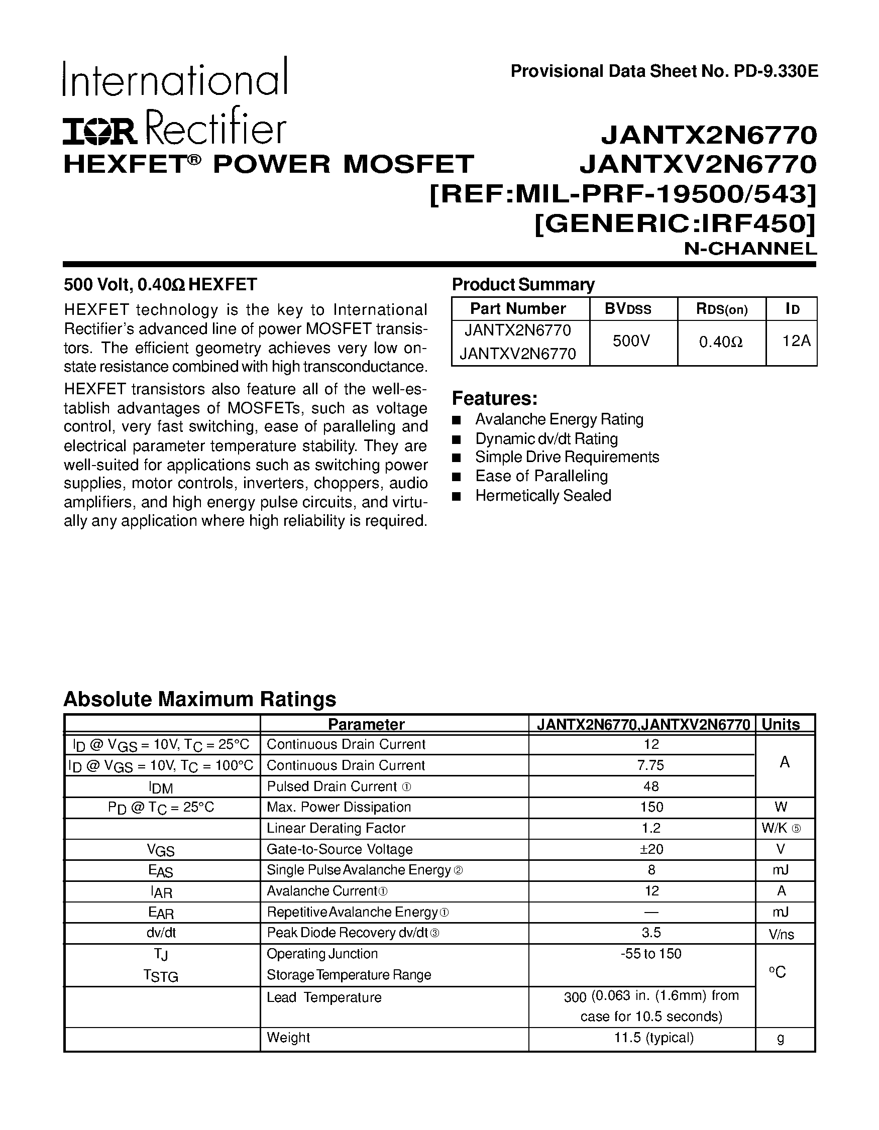 Datasheet JANTX2N6770 - TRANSISTORS N-CHANNEL(Vdss=500V/ Rds(on)=0.400ohm/ Id=12A) page 1