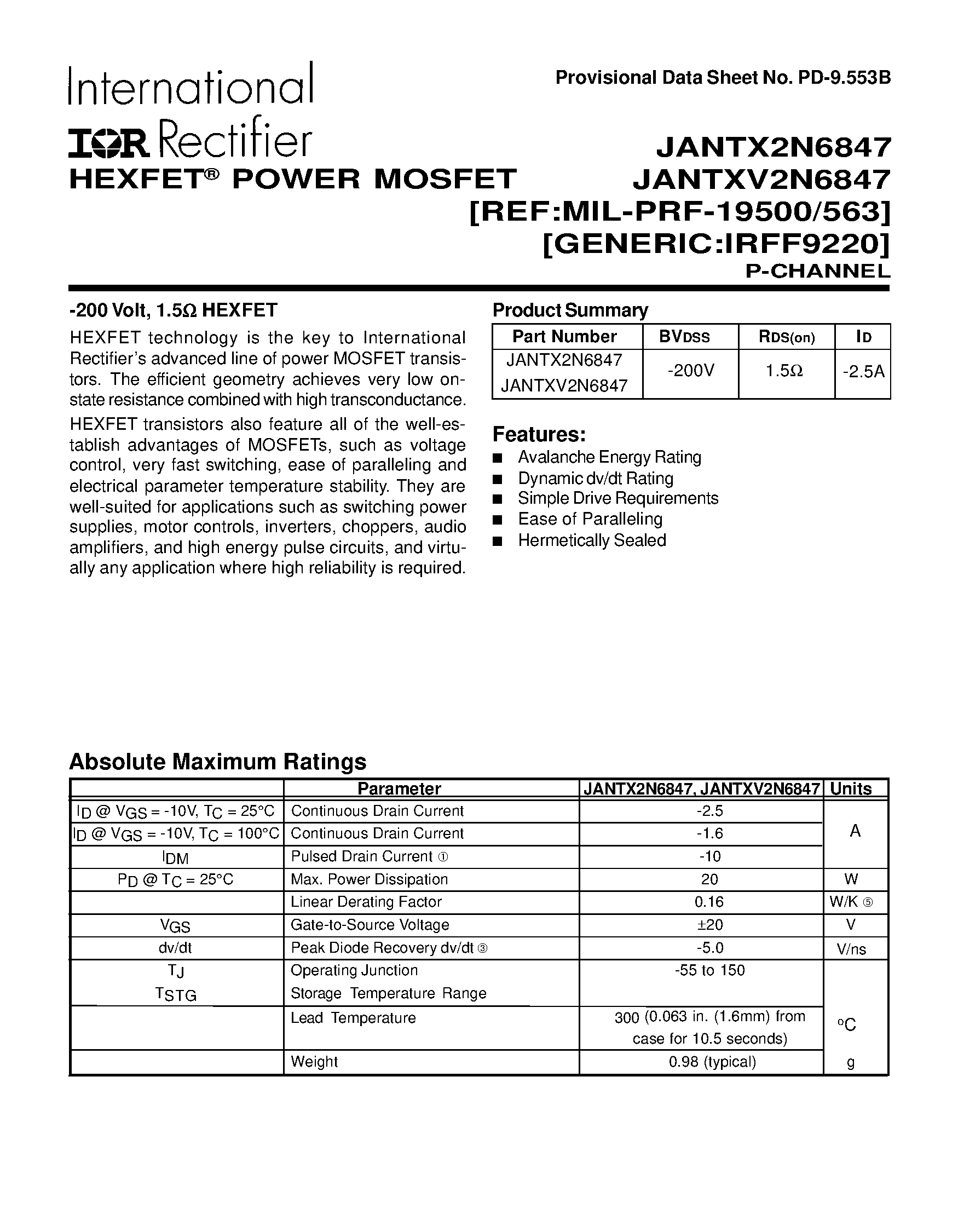 Datasheet JANTX2N6847 - POWER MOSFET P-CHANNEL(BVdss=-200V/ Rds(on)=1.5ohm/ Id=-2.5A) page 1