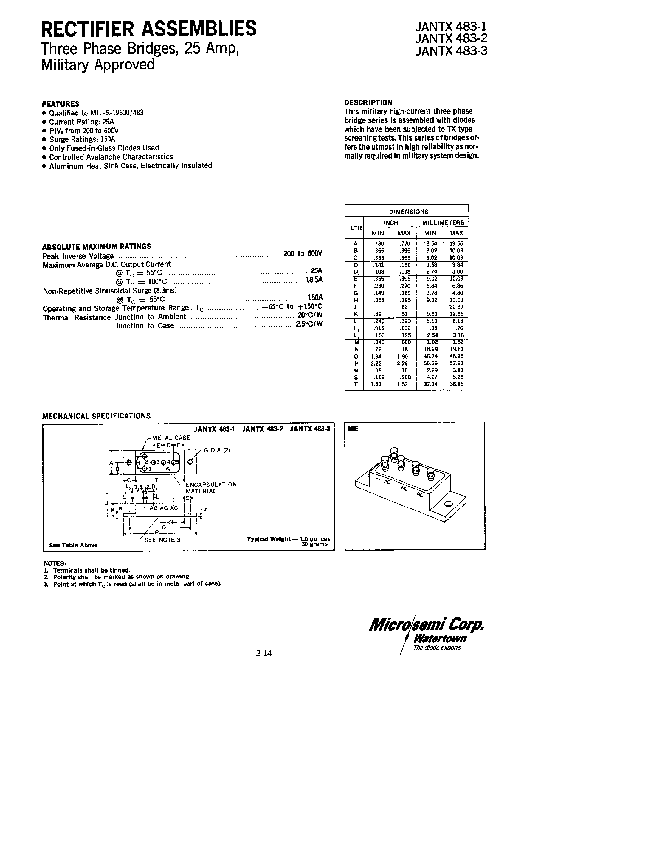 Datasheet JANTX483-3 - RECTIFIERS ASSEMBLIES THREE PHASE BRIDGES/ 25 AMP/ MILITARY APPROVED page 1