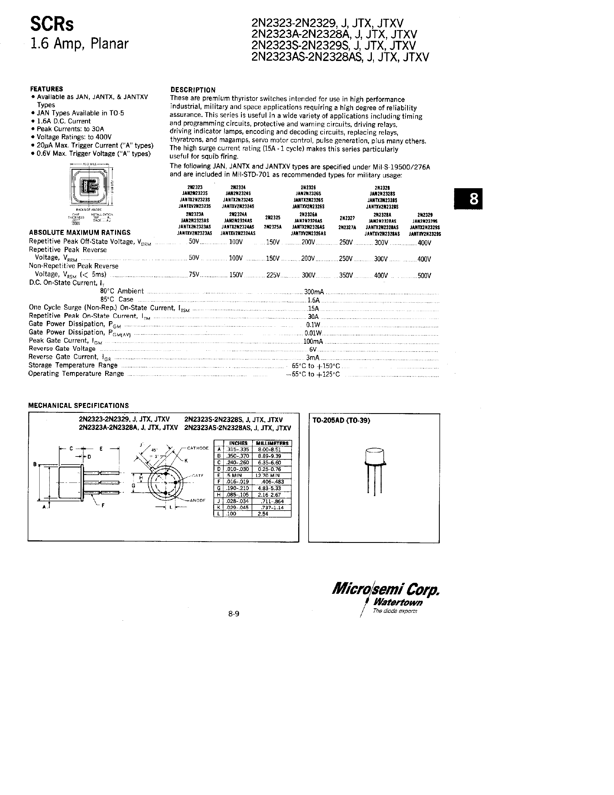 Datasheet JANTXV2N2323S page 1 Datasheet JANTXV2N2323S - SCRs 1.6 Amp/ Planear page 1