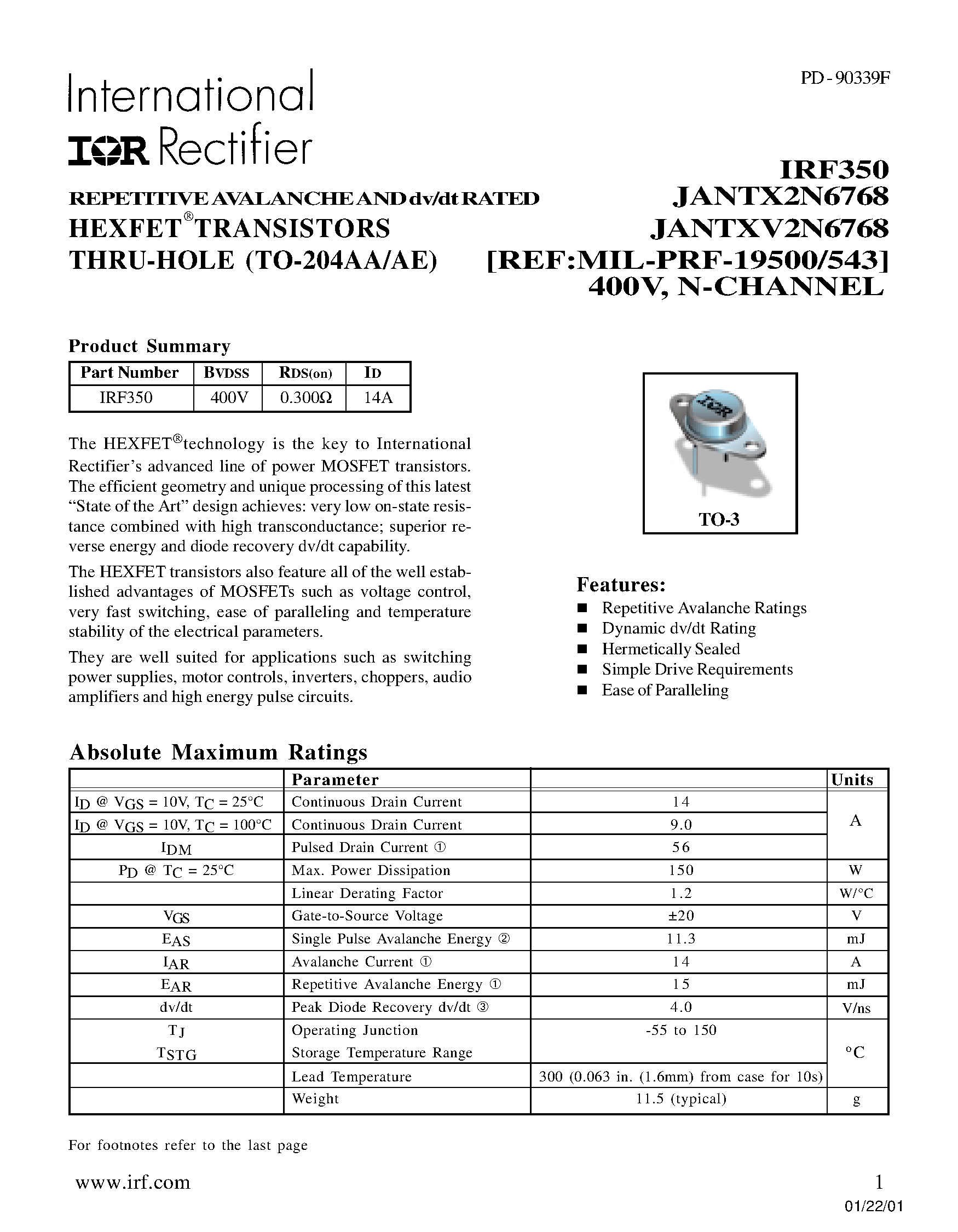 Datasheet JANTXV2N6768 - POWER MOSFET N-CHANNEL(BVdss=400V/ Rds(on)=0.300ohm/ Id=14A) page 1
