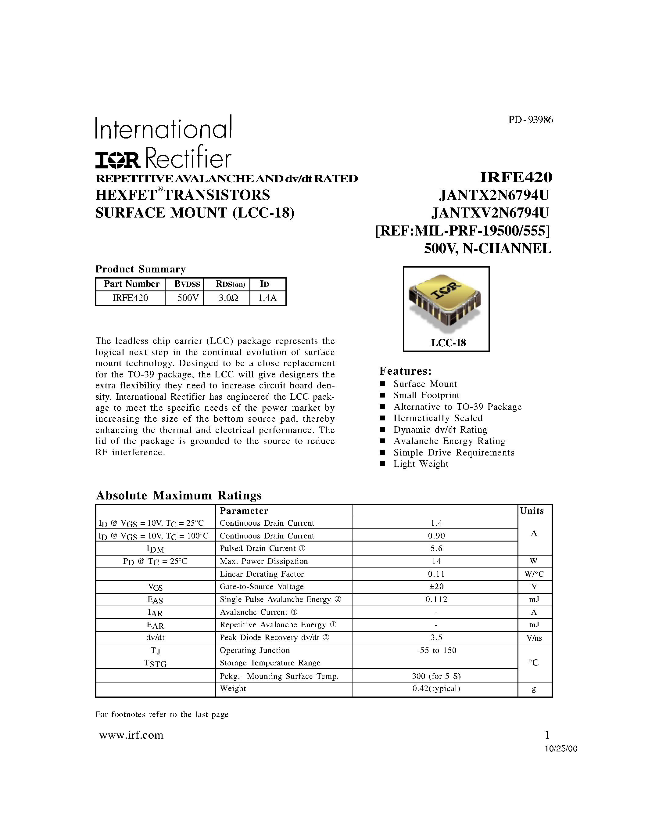 Даташит на микросхему JANTXV2N6794U страница 1 Даташит JANTXV2N6794U - REPETITIVE AVALANCHE AND dv/dt RATED HEXFET TRANSISTORS страница 1