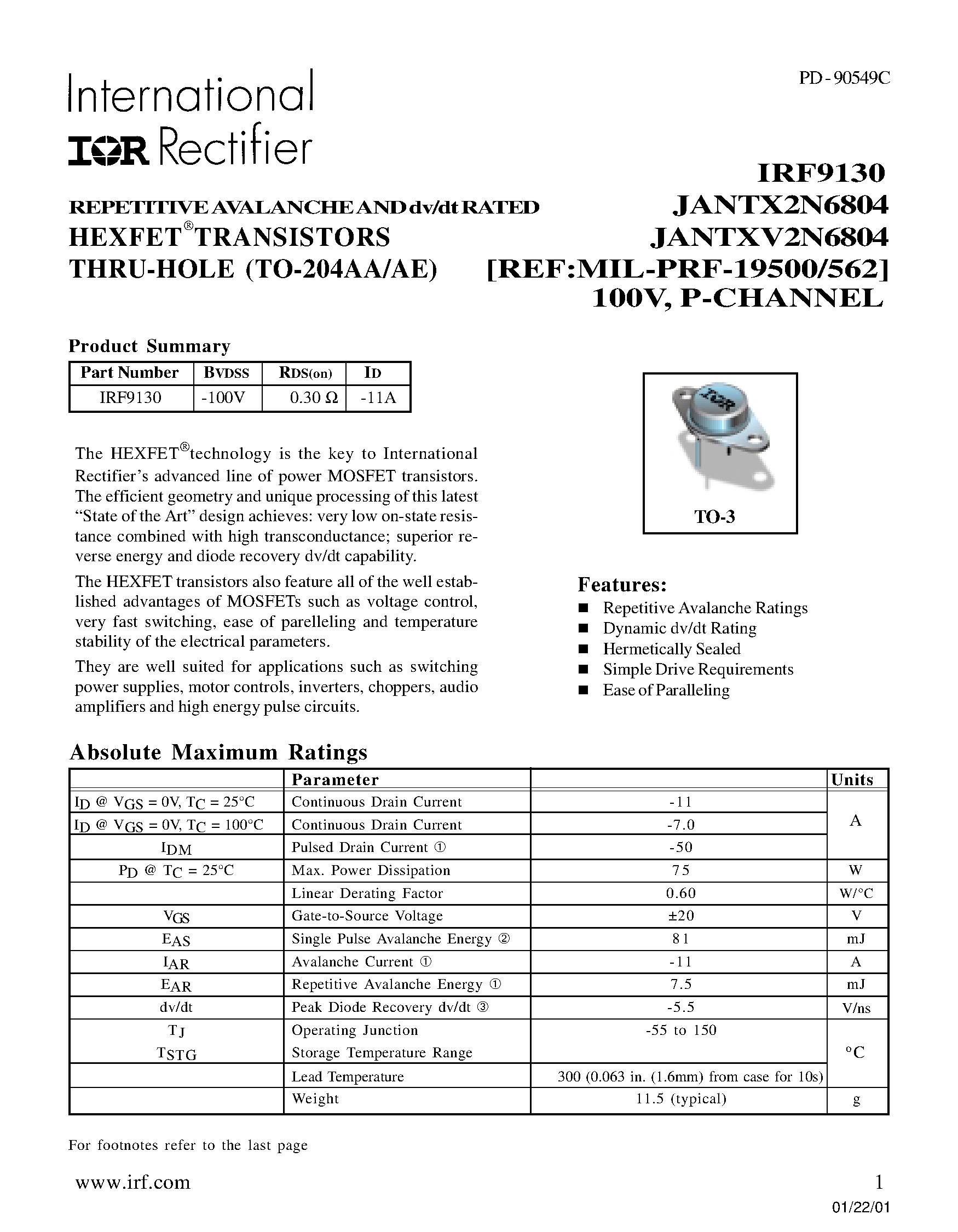 Datasheet JANTXV2N6804 page 1 Datasheet JANTXV2N6804 - POWER MOSFET P-CHANNEL(BVdss=-100V/ Rds(on)=0.30ohm/ Id=-11A) page 1