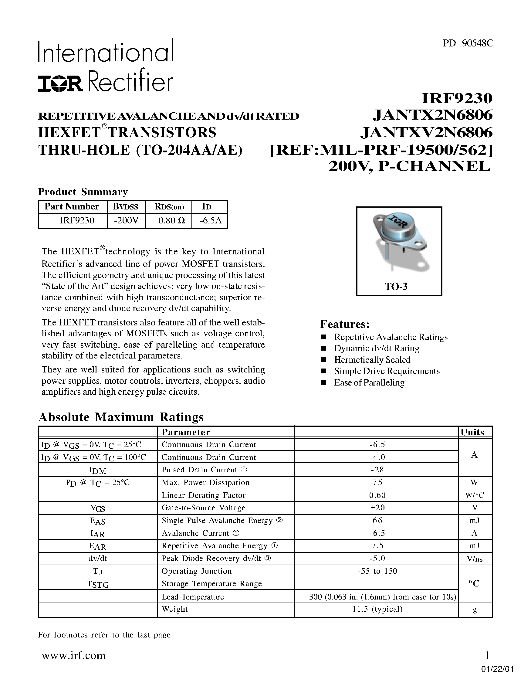 Datasheet JANTXV2N6806 page 1 Datasheet JANTXV2N6806 - POWER MOSFET P-CHANNEL(BVdss=-200V/ Rds(on)=0.80ohm/ Id=-6.5A) page 1