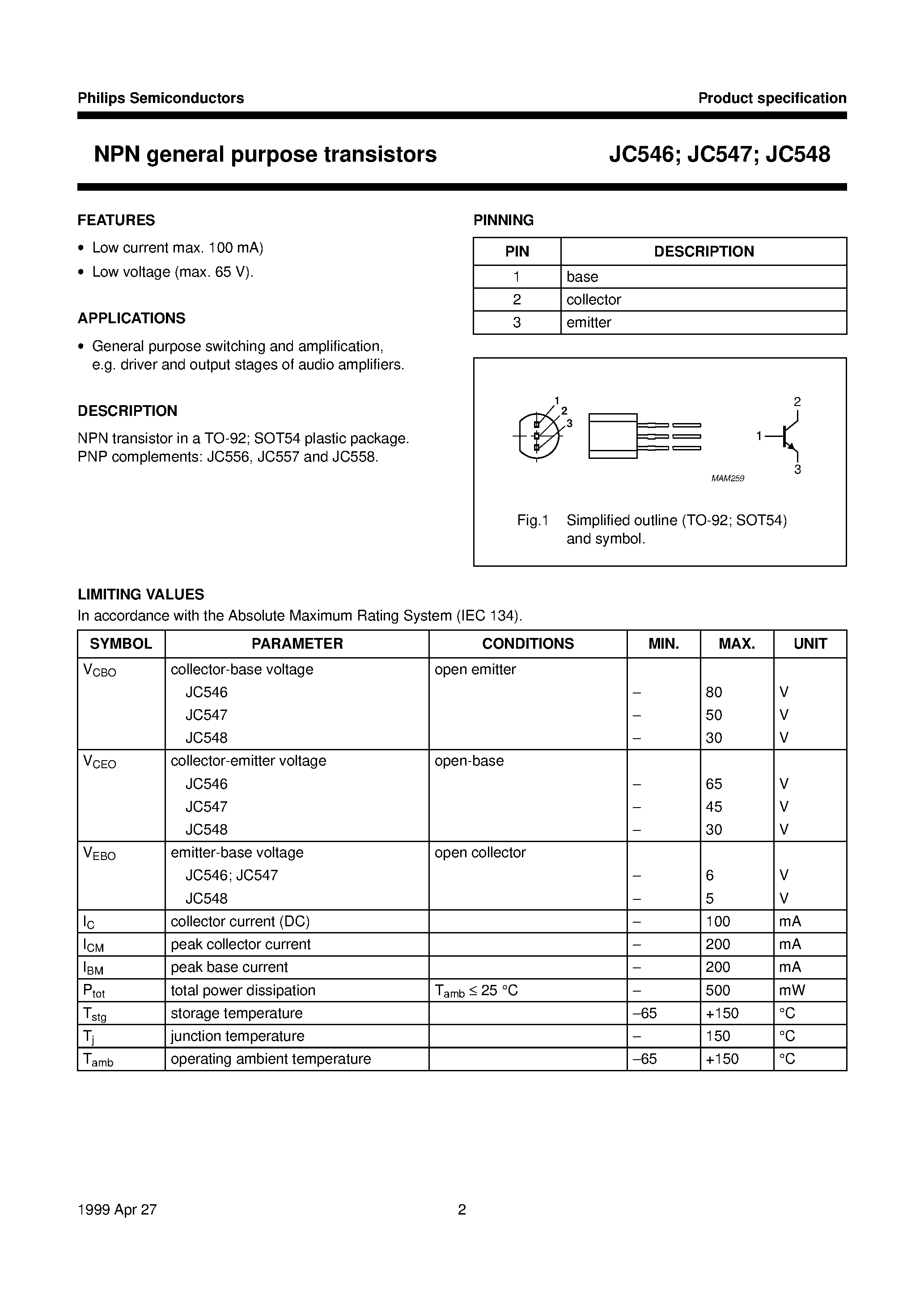 Даташит на микросхему JC547B страница 2 Даташит JC547B - NPN general purpose transistors страница 2