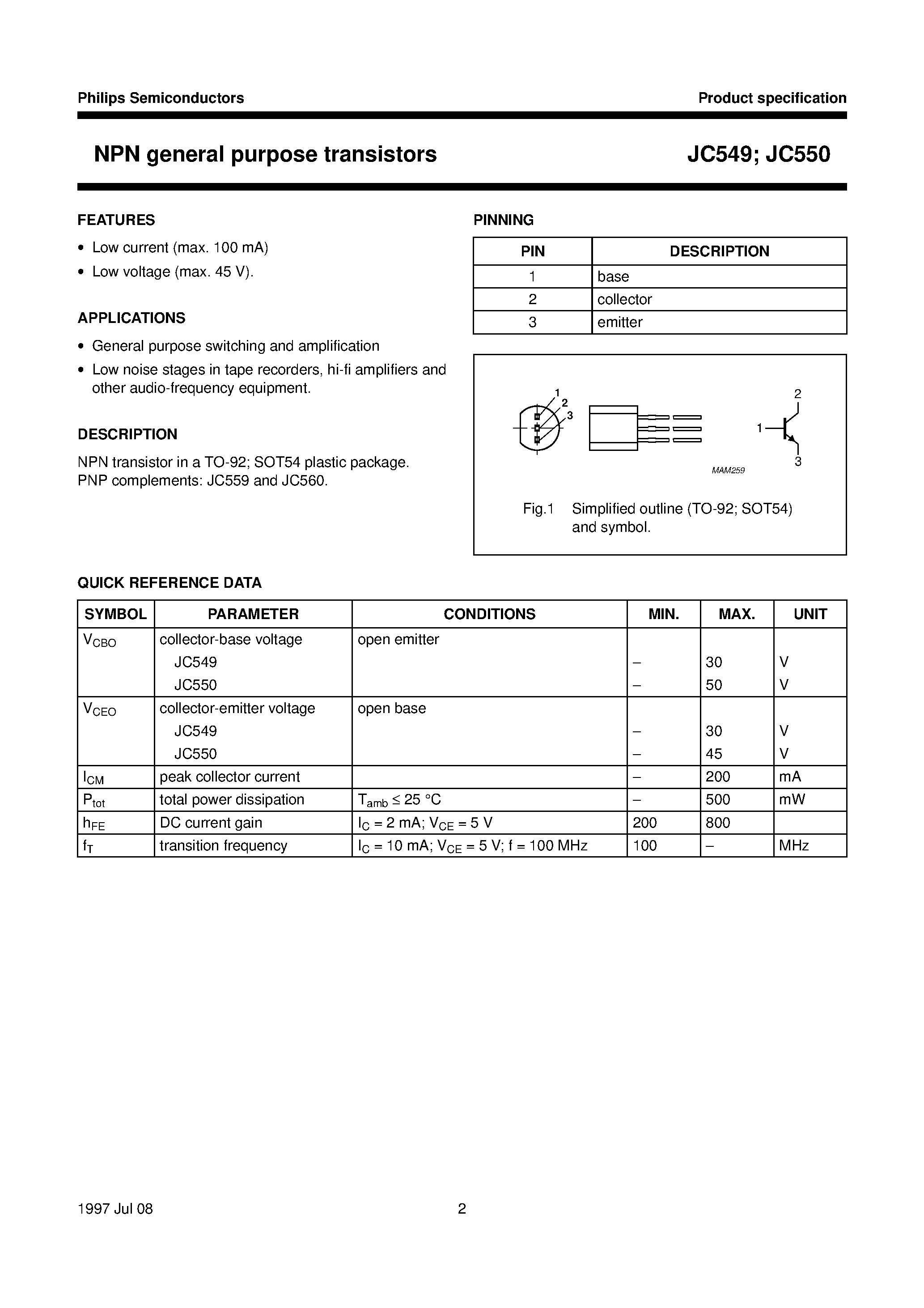 Даташит на микросхему JC549C страница 2 Даташит JC549C - NPN general purpose transistors страница 2