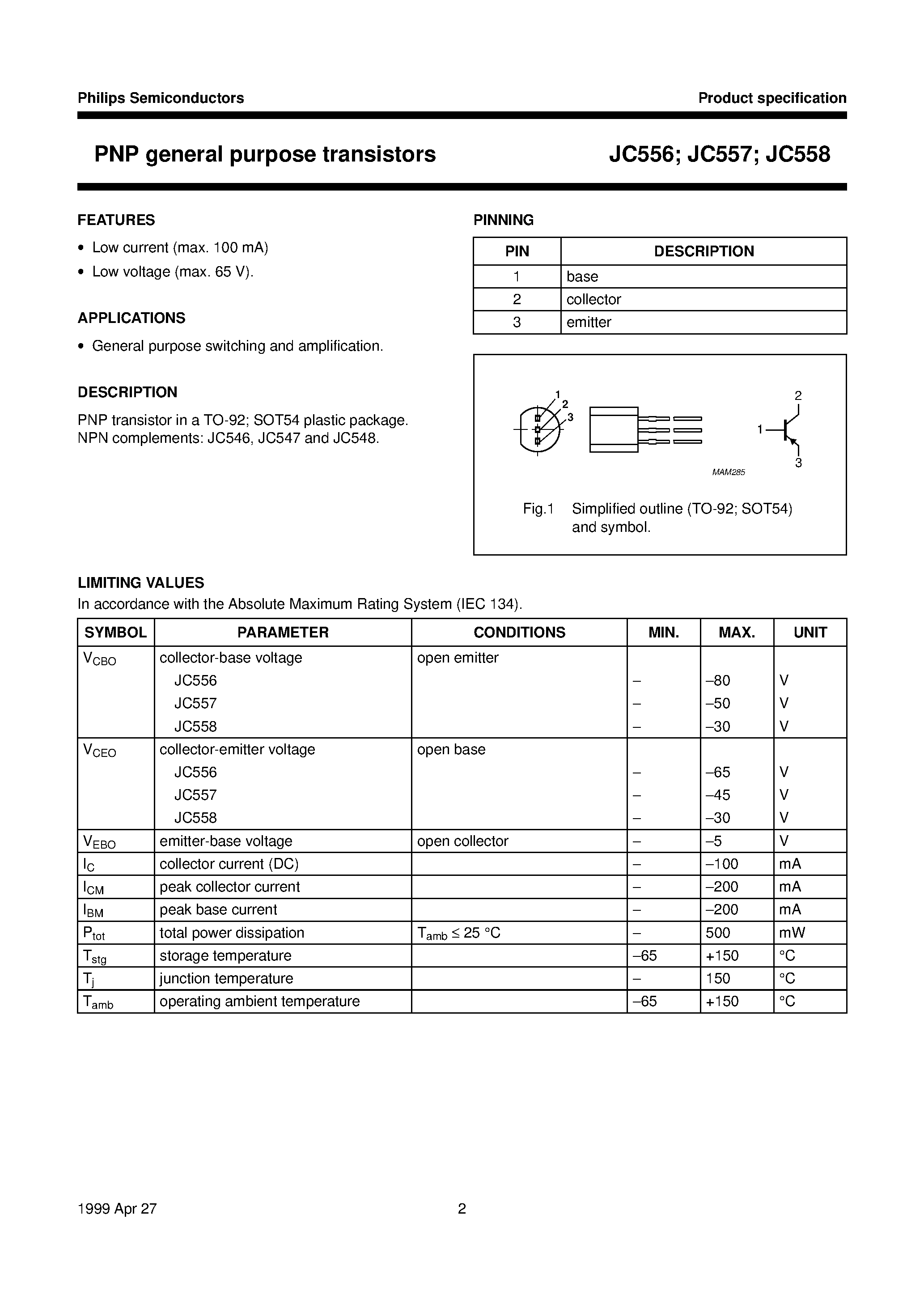 Даташит на микросхему JC558B страница 2 Даташит JC558B - PNP general purpose transistors страница 2