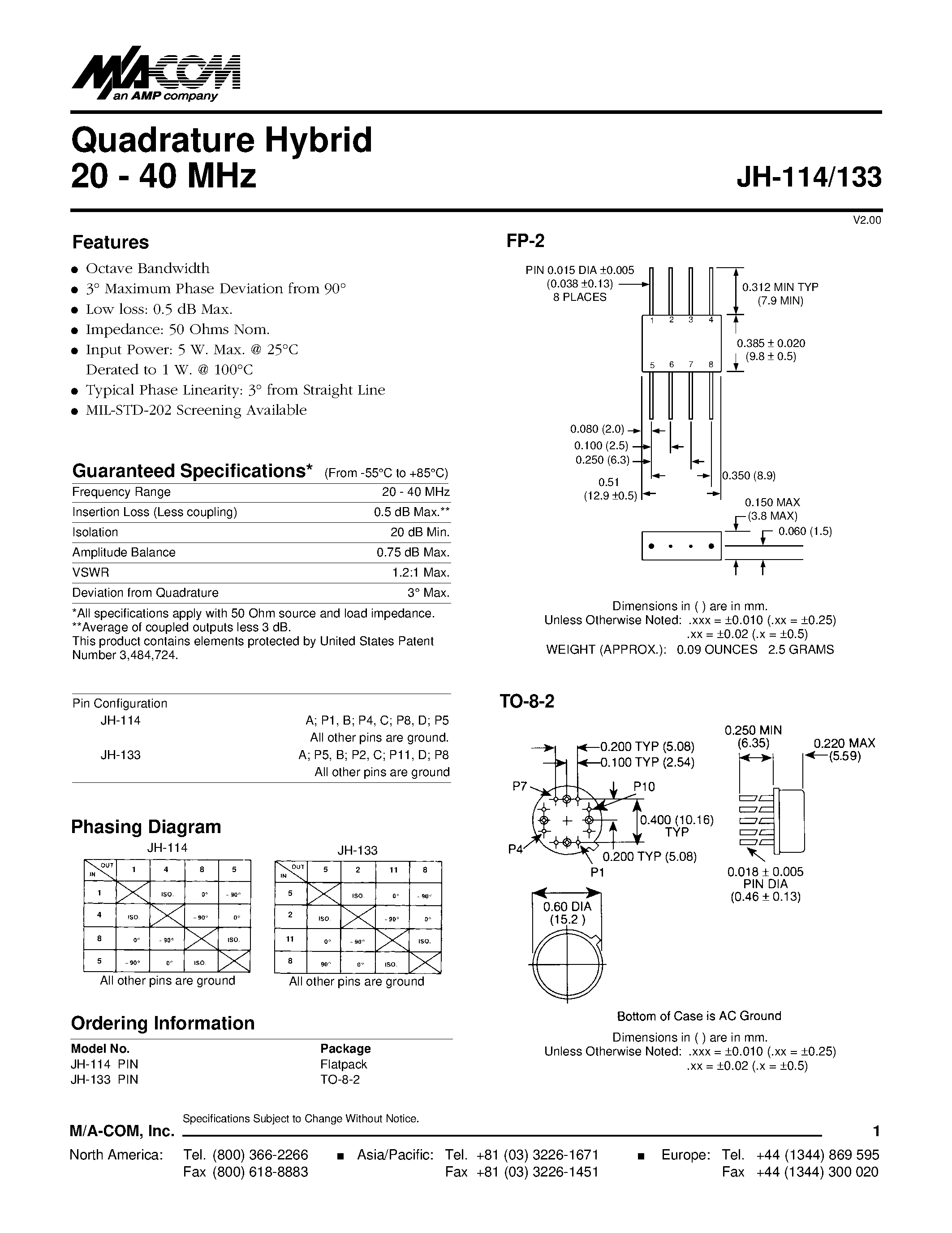Datasheet JH-114 page 1 Datasheet JH-114 - Quadrature Hybrid 20 - 40 MHz page 1