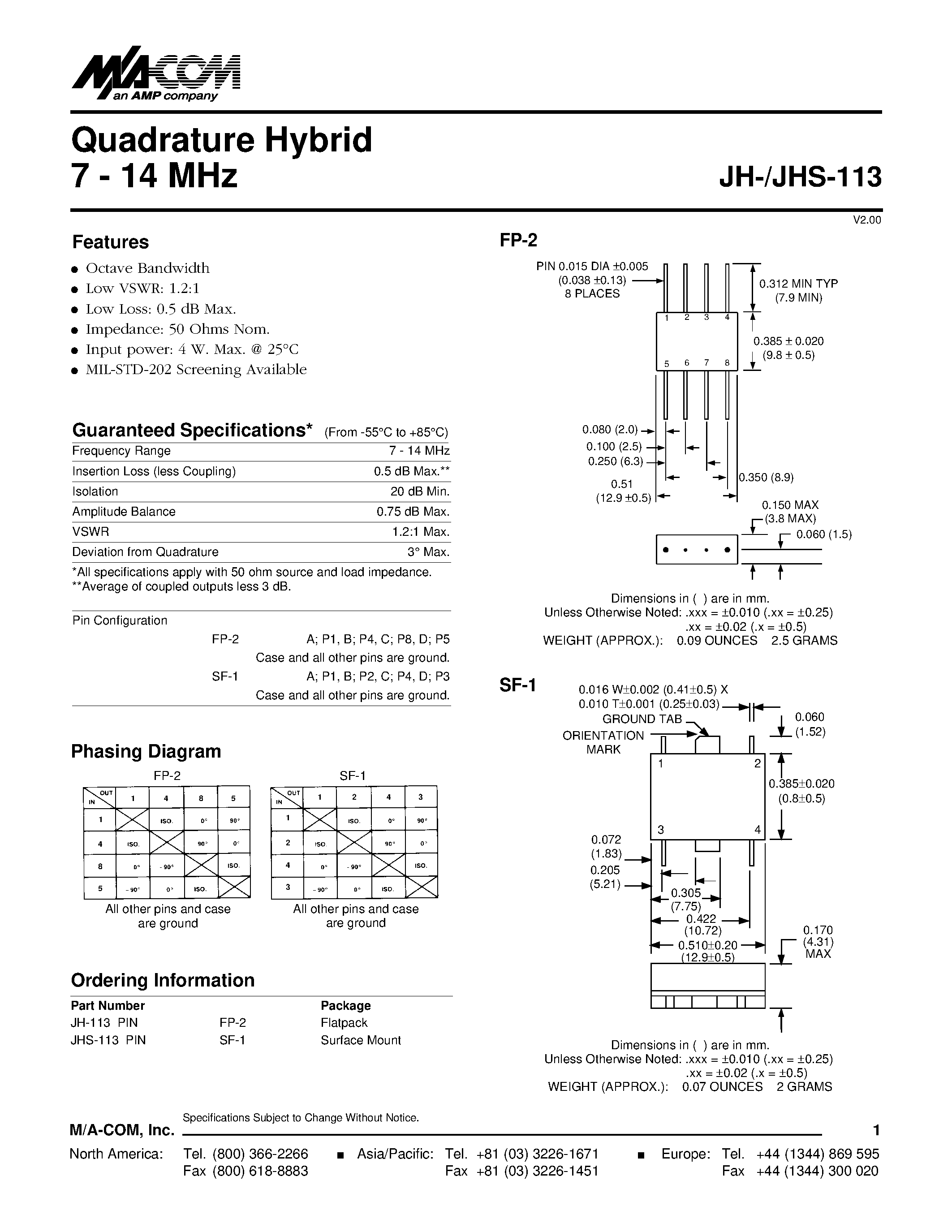 Datasheet JHS-113 page 1 Datasheet JHS-113 - Quadrature Hybrid 7 - 14 MHz page 1