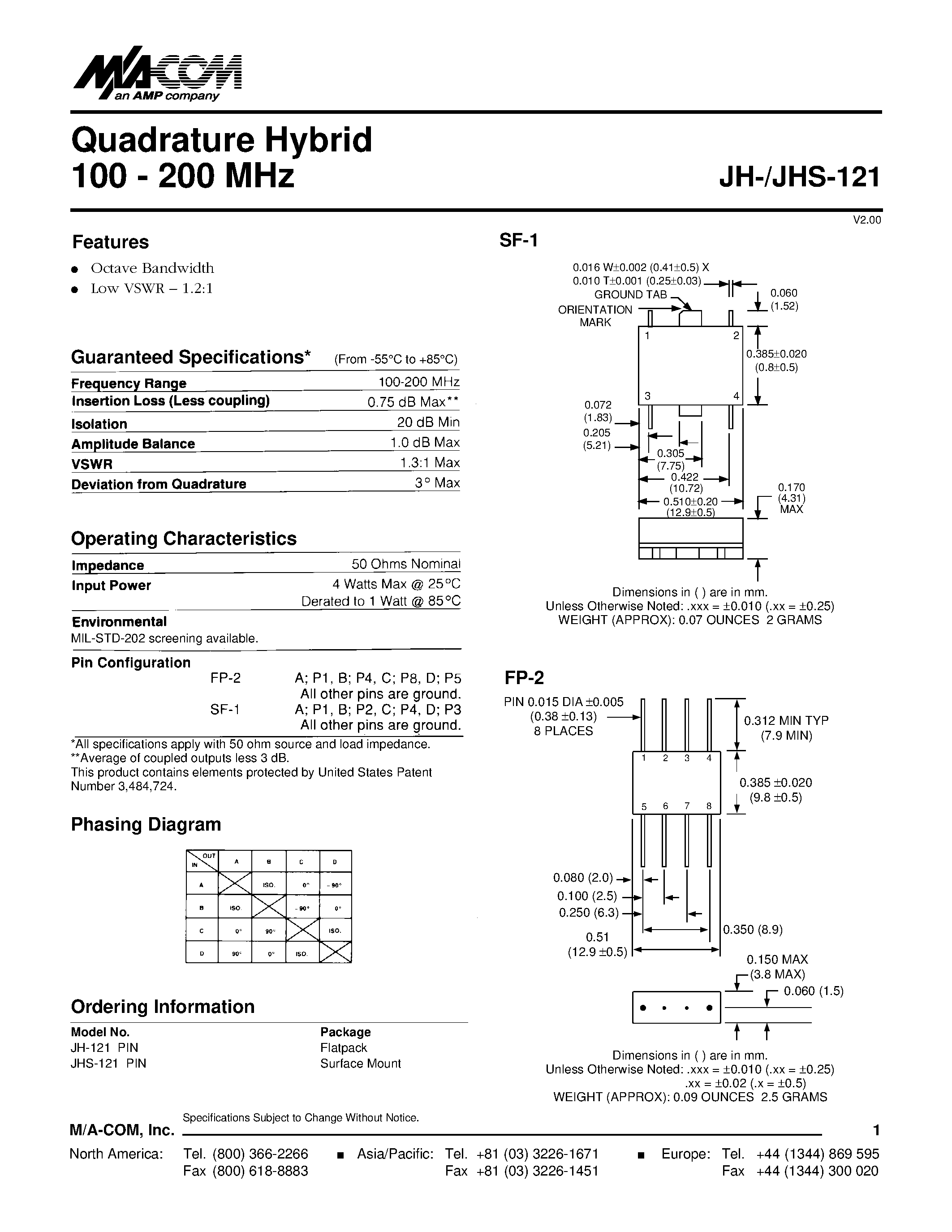 Datasheet JHS-121 page 1 Datasheet JHS-121 - Quadrature Hybrid 100 - 200 MHz page 1
