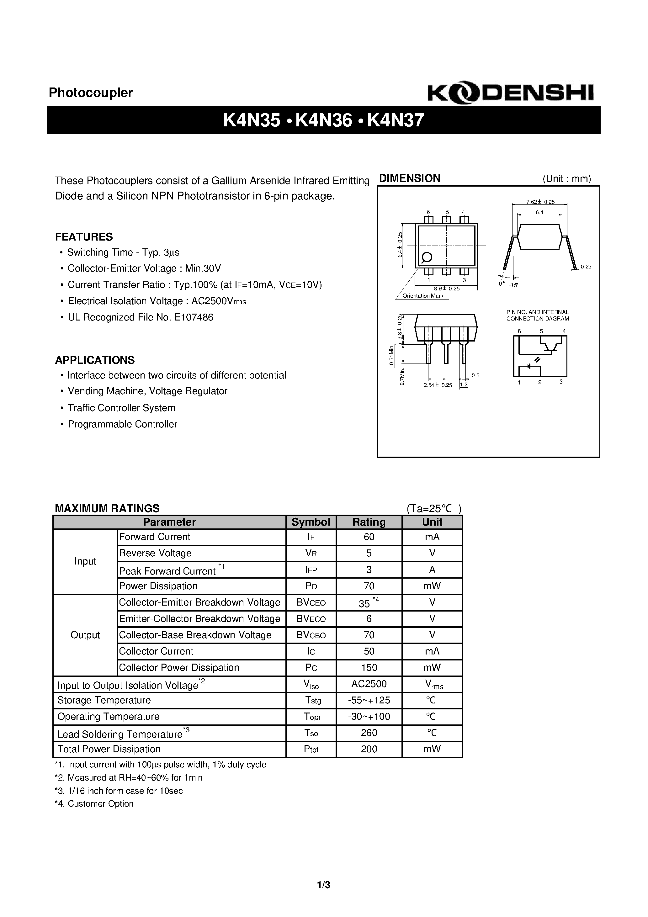 Datasheet K4N37 page 1 Datasheet K4N37 - Photocoupler(These Photocouplers consist of a Gallium Arsenide Infrared Emitting) page 1