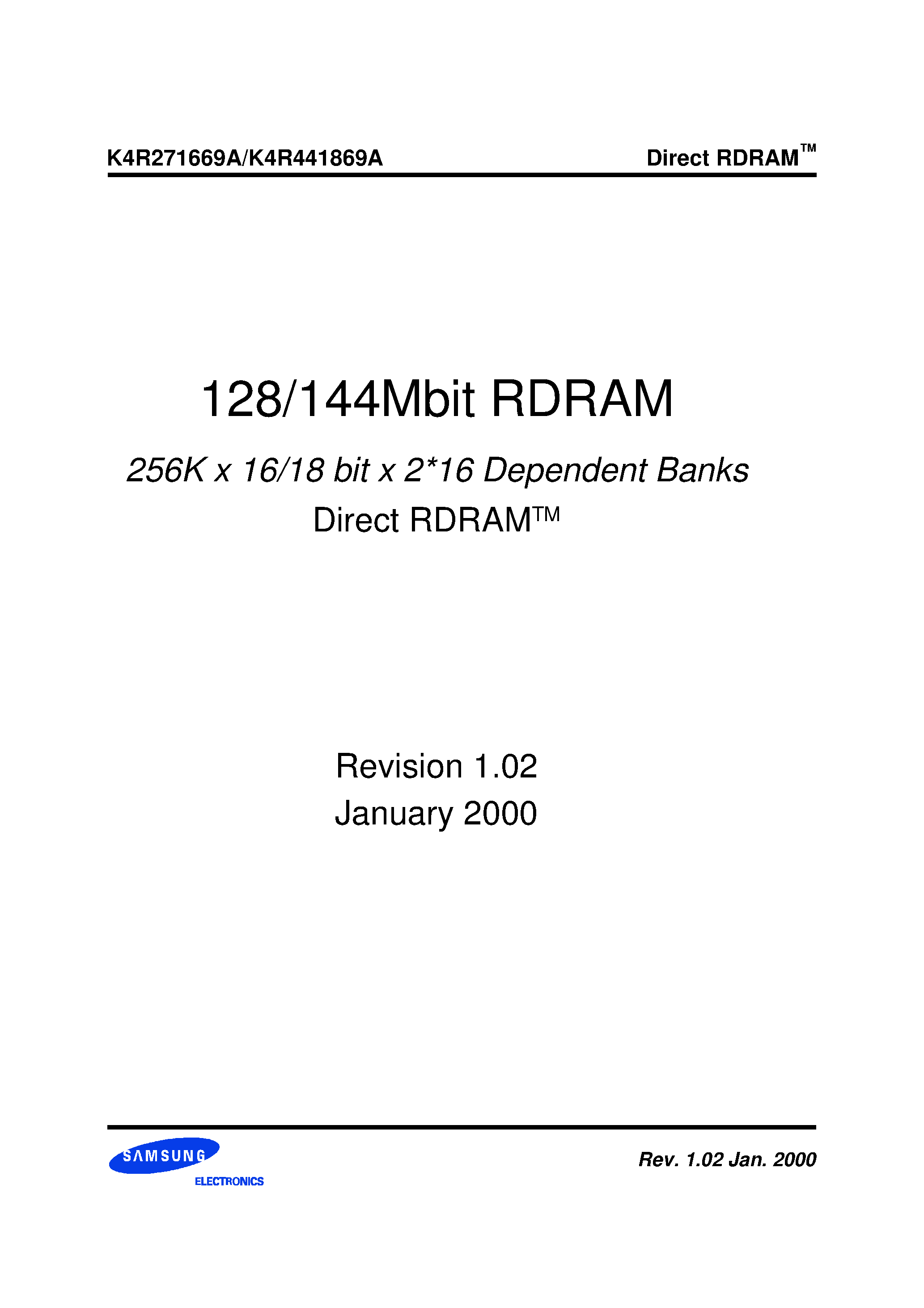 Даташит K4R271669A-Nb(M)CcG6 - 256K x 16/18 bit x 2*16 Dependent Banks Direct RDRAMTM страница 1