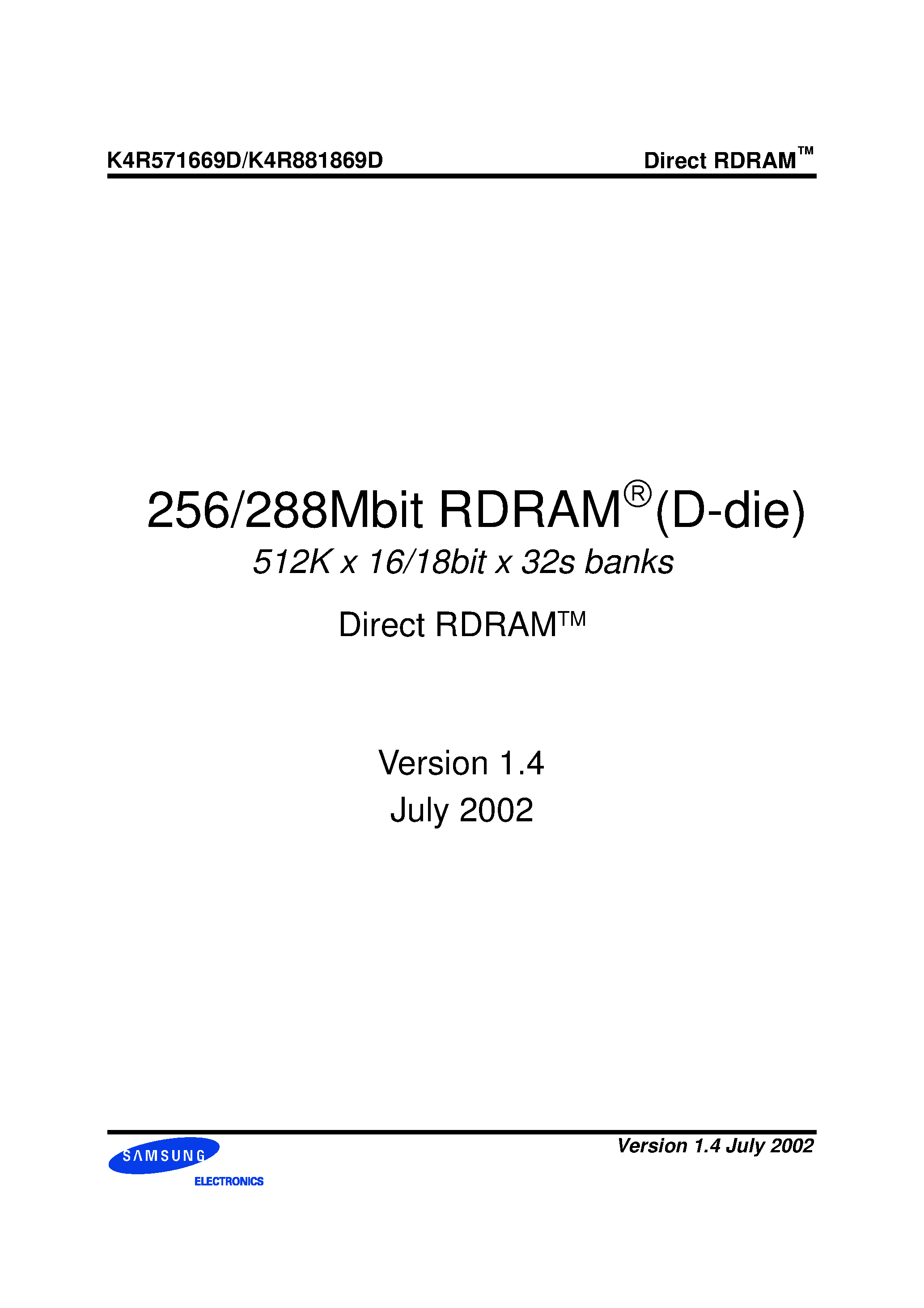 Даташит K4R881869D - 256/288Mbit RDRAM(D-die) страница 1