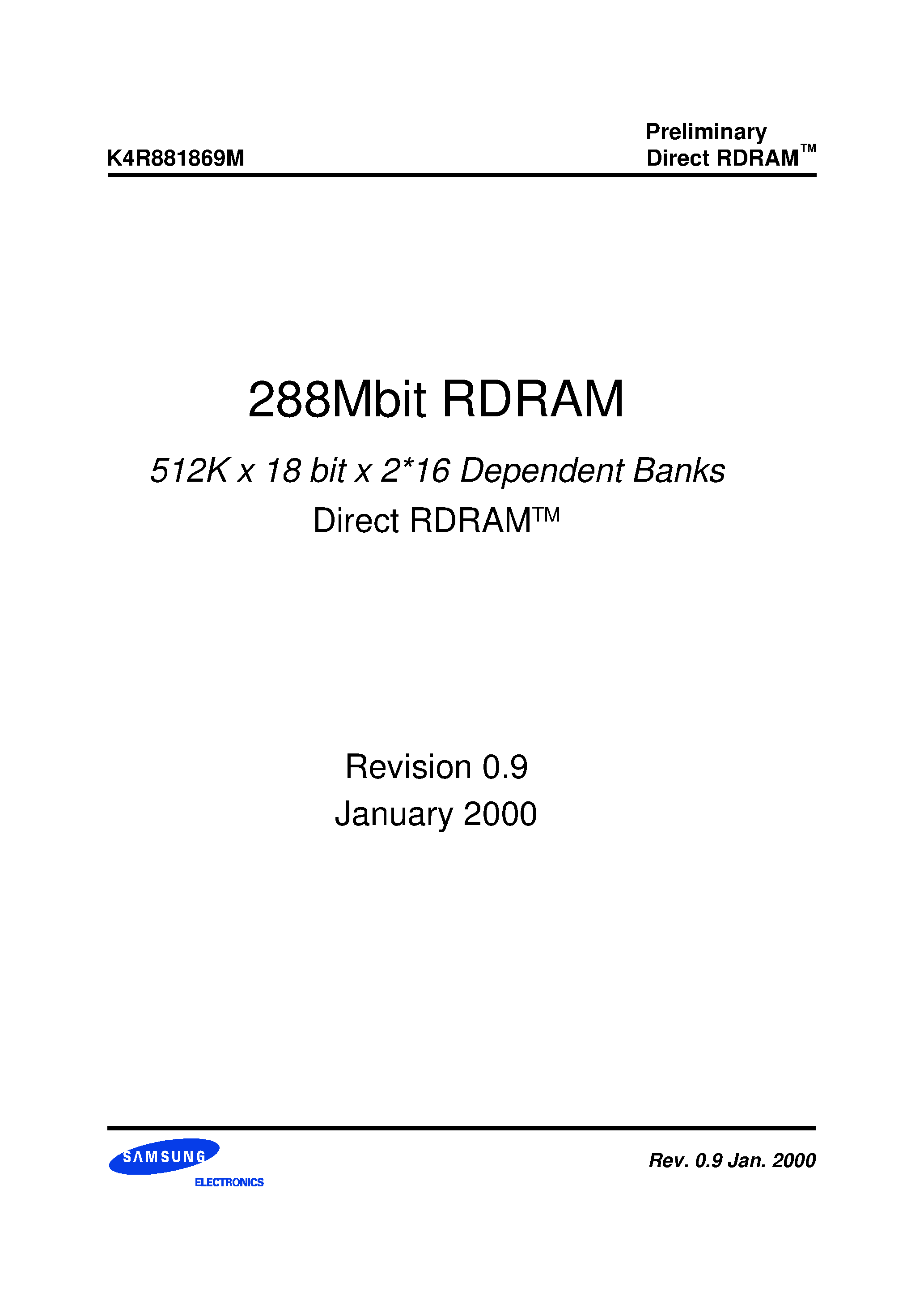 Datasheet K4R881869M-NbCcG6 - 288Mbit RDRAM 512K x 18 bit x 2*16 Dependent Banks Direct RDRAMTM page 1