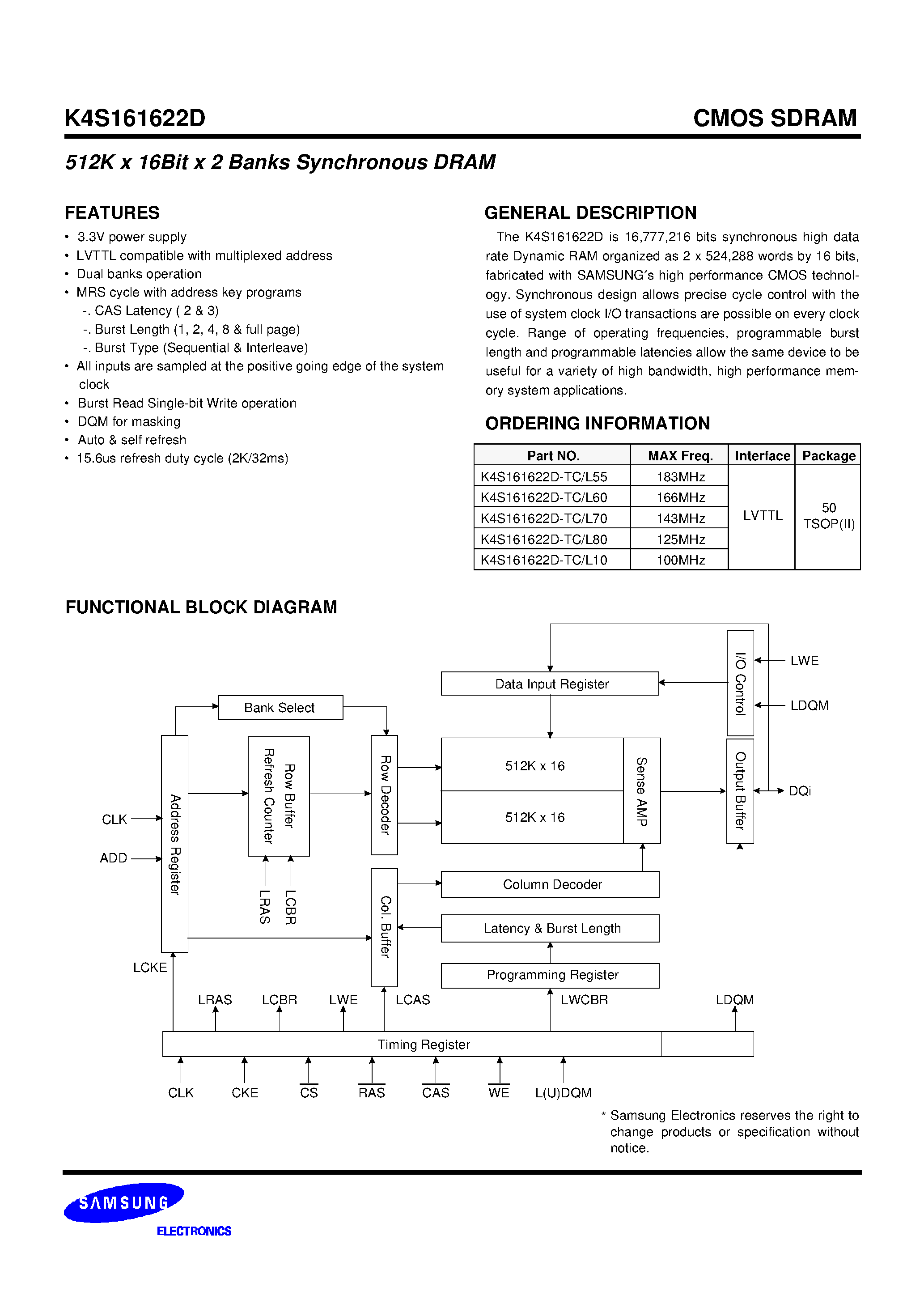 Datasheet K4S161622D-TC/L70 - 512K x 16Bit x 2 Banks Synchronous DRAM page 1