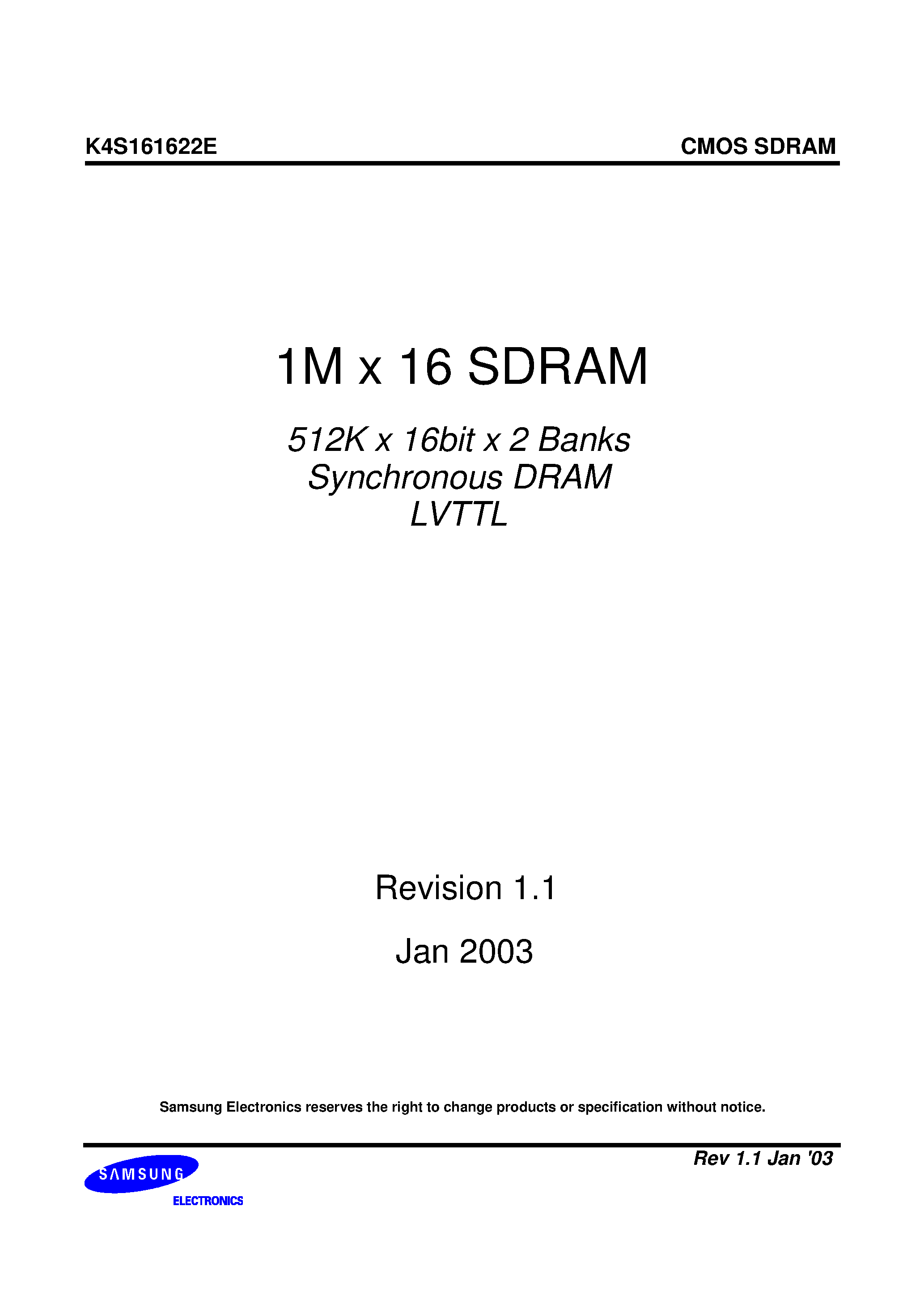 Даташит K4S161622E-TC10 - 1M x 16 SDRAM страница 1